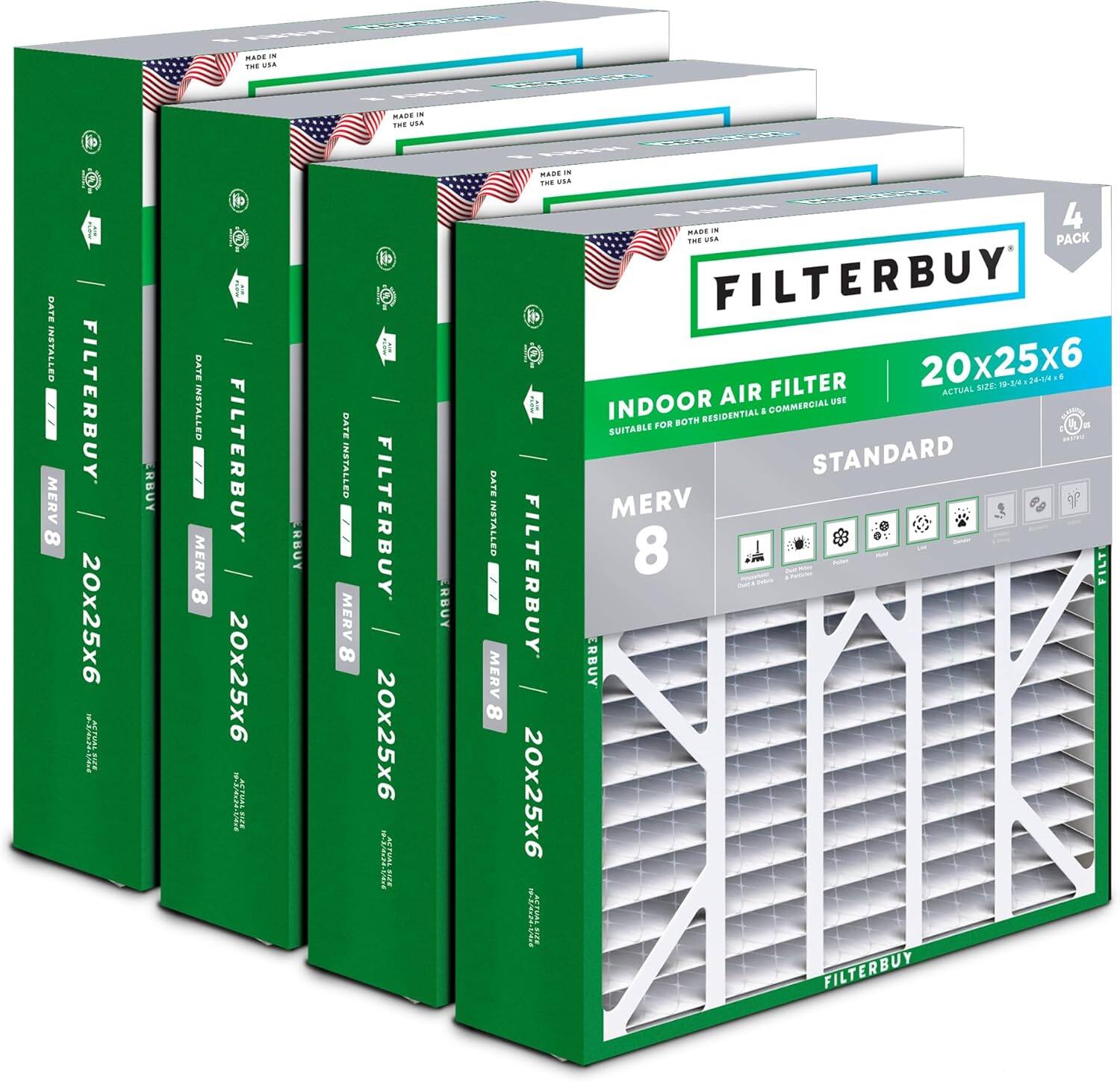 Filterbuy - 20x25x6 MERV 8 Dust & Allergy Defense, Pleated HVAC AC Furnace Air Filters Replacement for AprilAire (4-Pack) - Silver