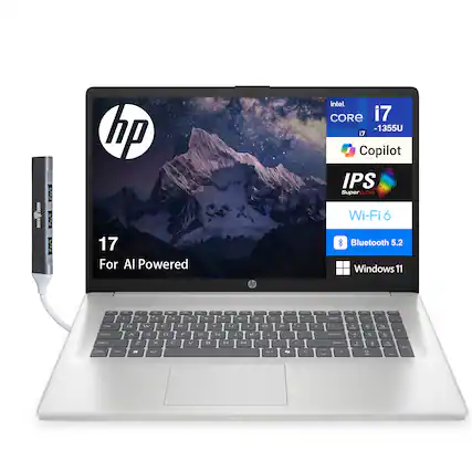 Sure, here is the corrected and grouped text from the image:
---
**HP 17 For AI Powered**
- **Intel Core i7-1355U**
- **Copilot**
- **IPS SuperCLAR**
- **Wi-Fi 6**
- **Bluetooth 5.2**
- **Windows 11**
---
This text highlights the key features of the HP 17 laptop.