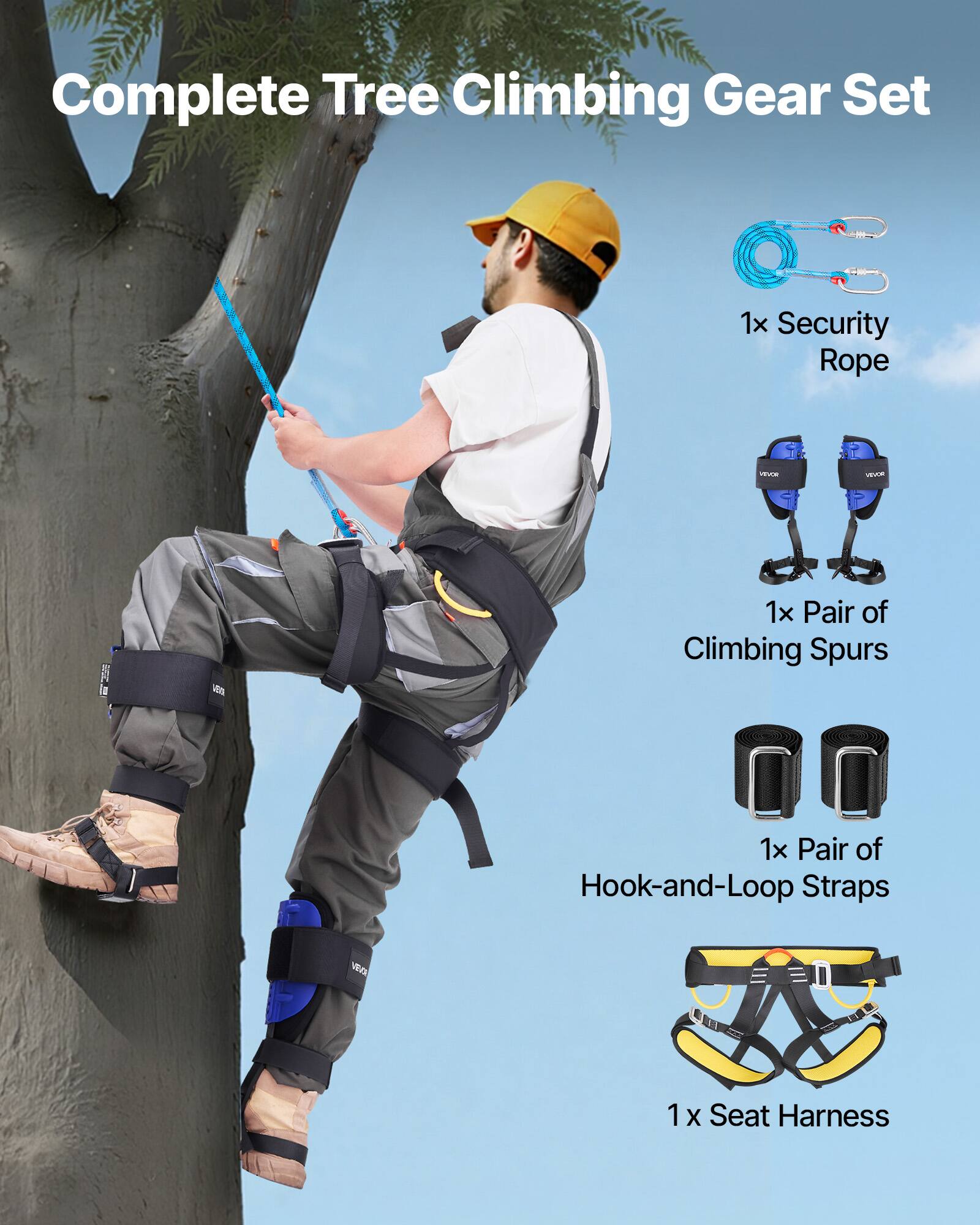 Complete Tree Climbing Gear Set  
1x Security Rope  
1x Pair of Climbing Spurs  
1x Pair of Hook-and-Loop Straps  
1x Seat Harness