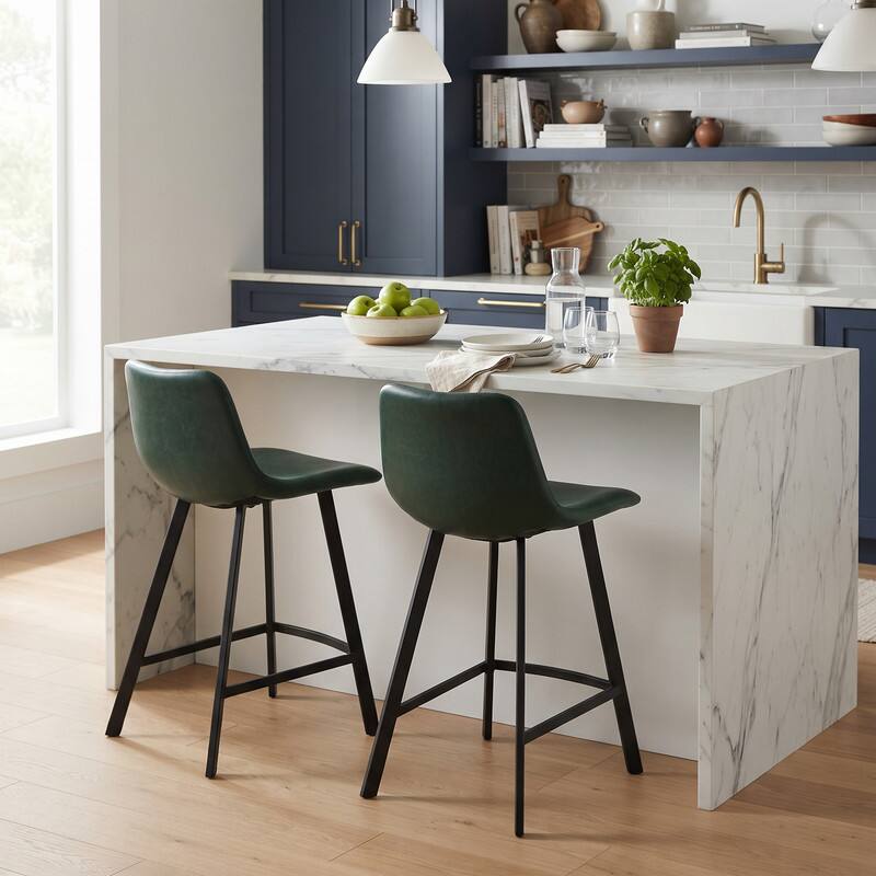 Alt View 2. LeisureMod - Elland Counter Stool, Modern Upholstered Leather Counter Height Barstool with Iron Legs and Footrest - Olive Green.