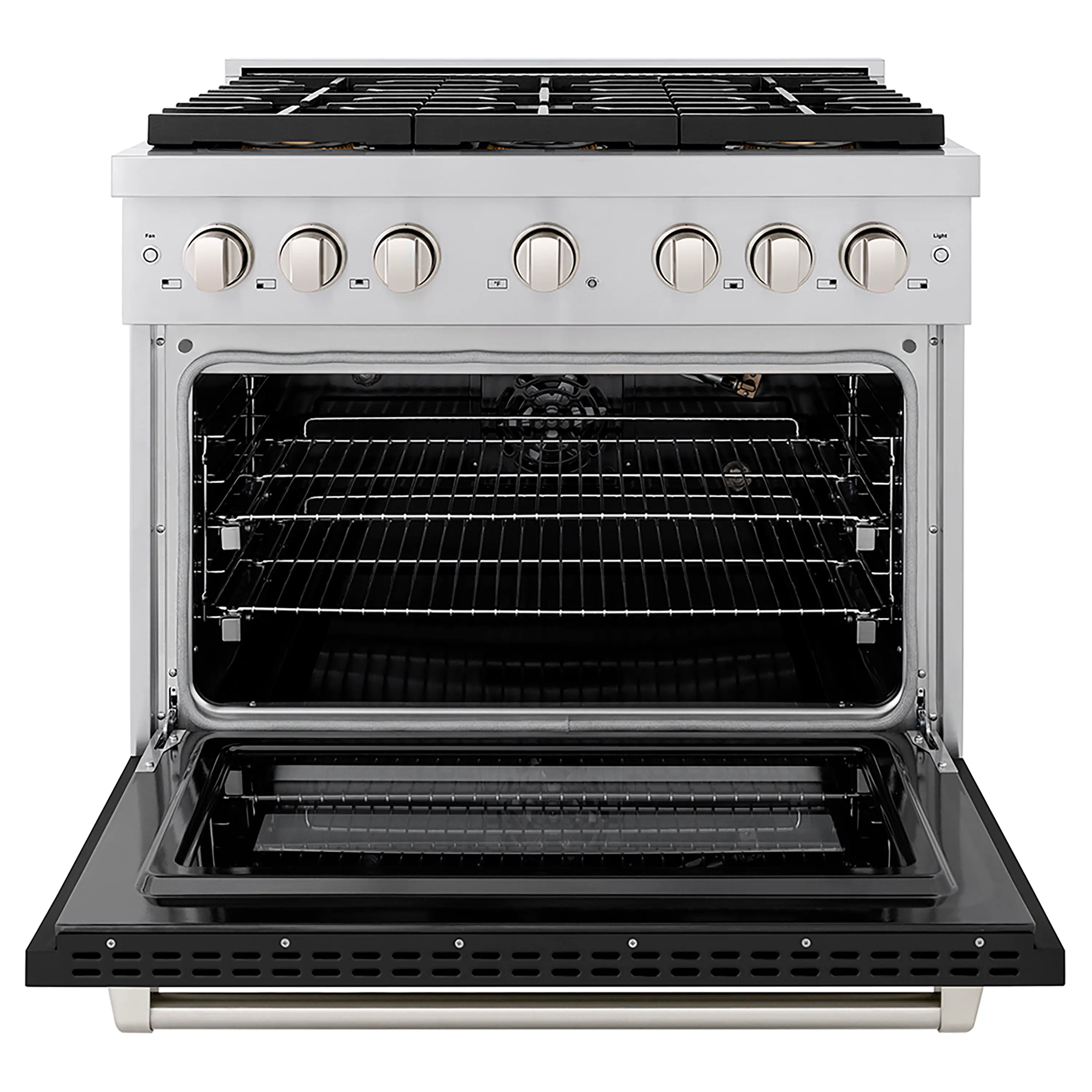 Angle. ZLINE - ZLINE 36 in. Paramount Gas Range with 6 Burner DuoPro Cooktop and Gas Oven with Black Matte Door (PSGR-BLM-36) - Stainless Steel with Black Matte Door.