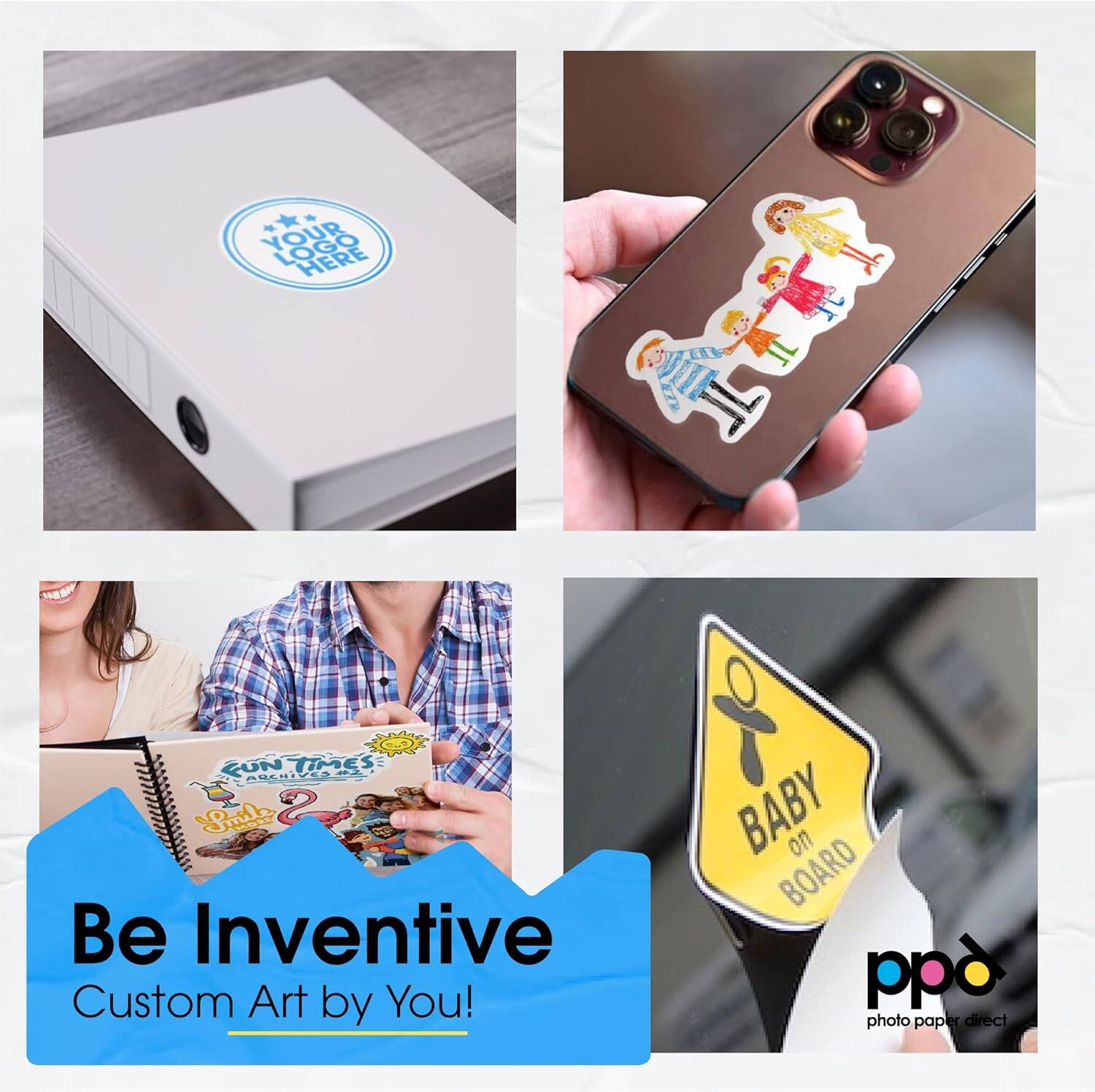 Here's the corrected and grouped text from the image:

- "YOUR LOGO HERE"
- "CON TIMES 2 ANCHIVE PE5 Siol HOC S"
- "Be Inventive Custom Art by You!"
- "BABY on BOARD"
- "pp photo paper direct"