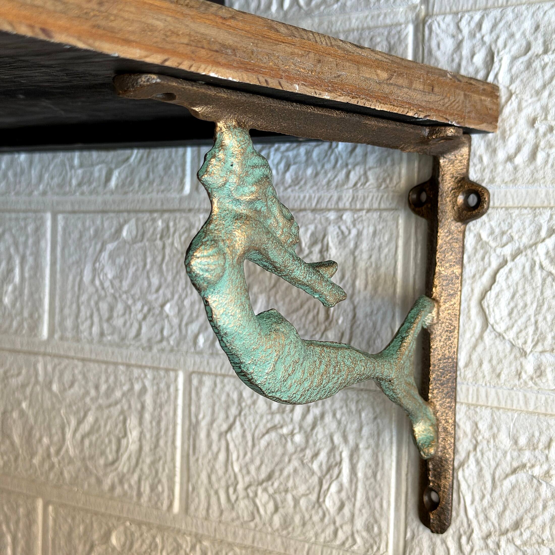 Alt View 3. Zeckos - Cast Iron Swimming Mermaid Wall Shelf Bracket Coastal Decor Set of 2, Verdigris and Bronze - Bronze.