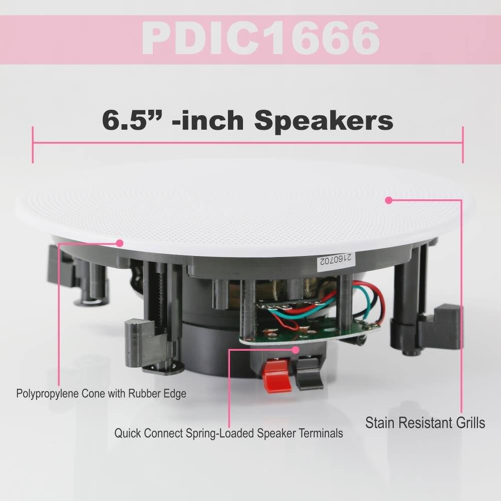 PDIC1666

6.5" -inch Speakers

- Polypropylene Cone with Rubber Edge
- Quick Connect Spring-Loaded Speaker Terminals
- Stain Resistant Grills