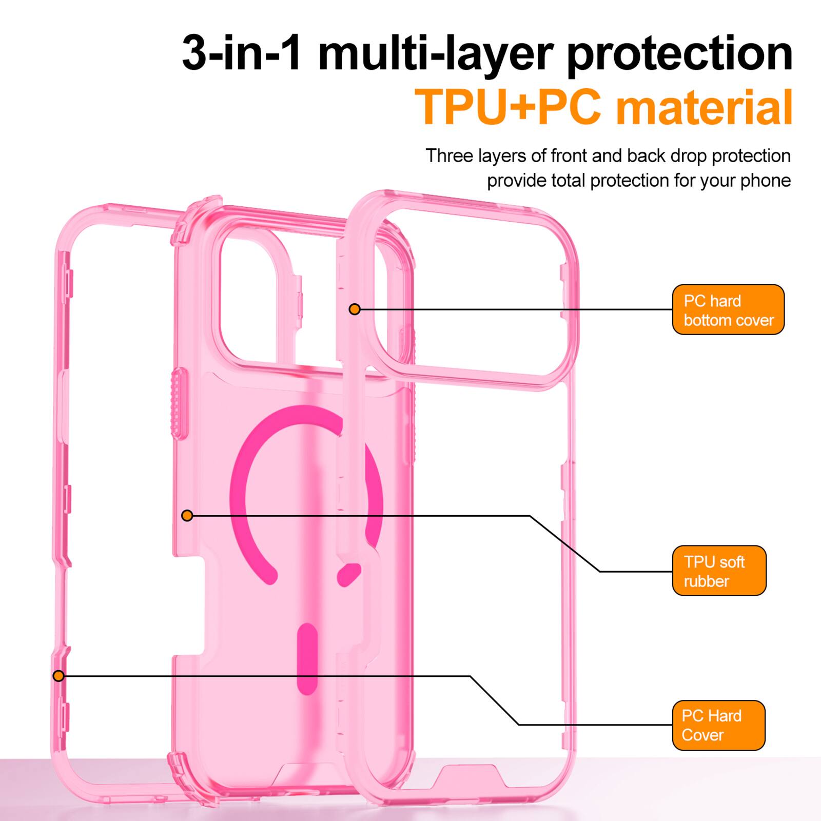 3-in-1 multi-layer protection  
TPU+PC material  

Three layers of front and back drop protection provide total protection for your phone  

- PC hard bottom cover  
- TPU soft rubber  
- PC Hard Cover