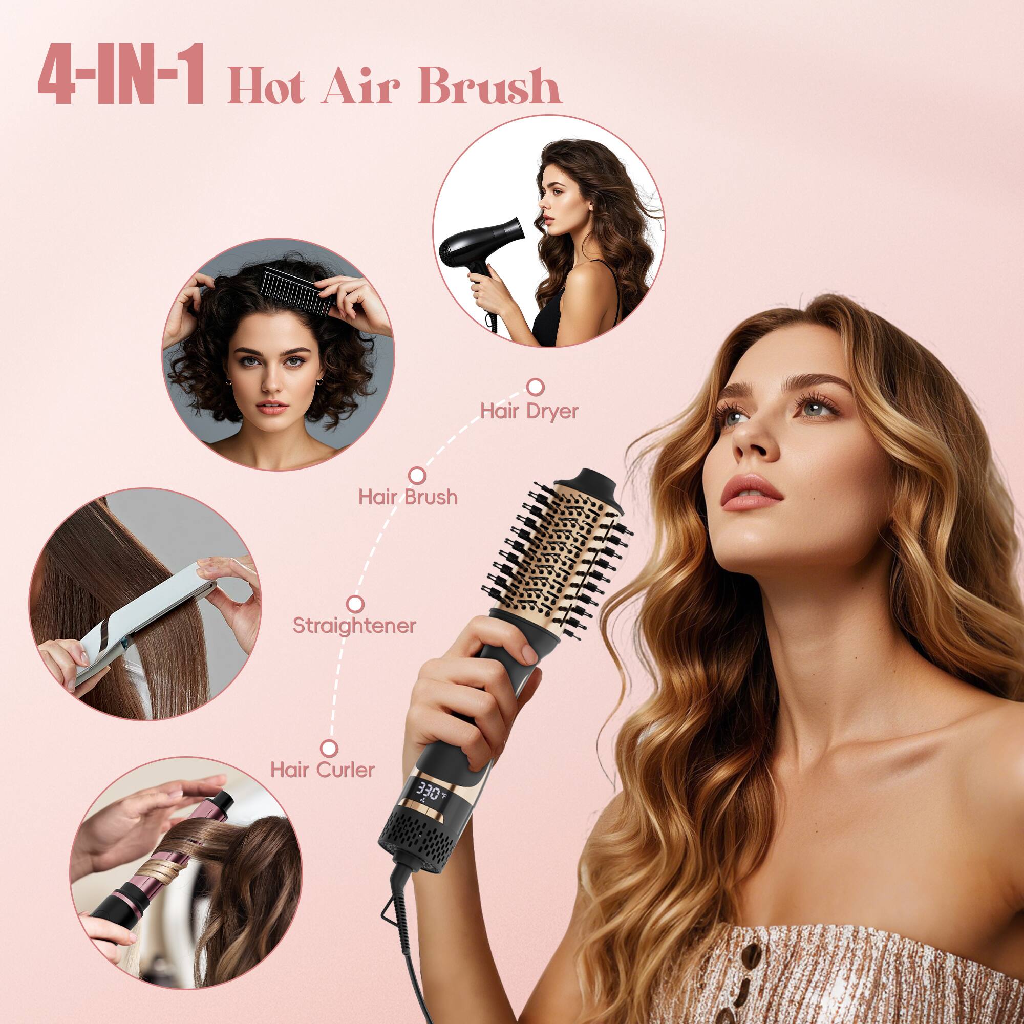4-IN-1 Hot Air Brush, Hair Dryer, Hair Brush, Straightener, Hair Curler