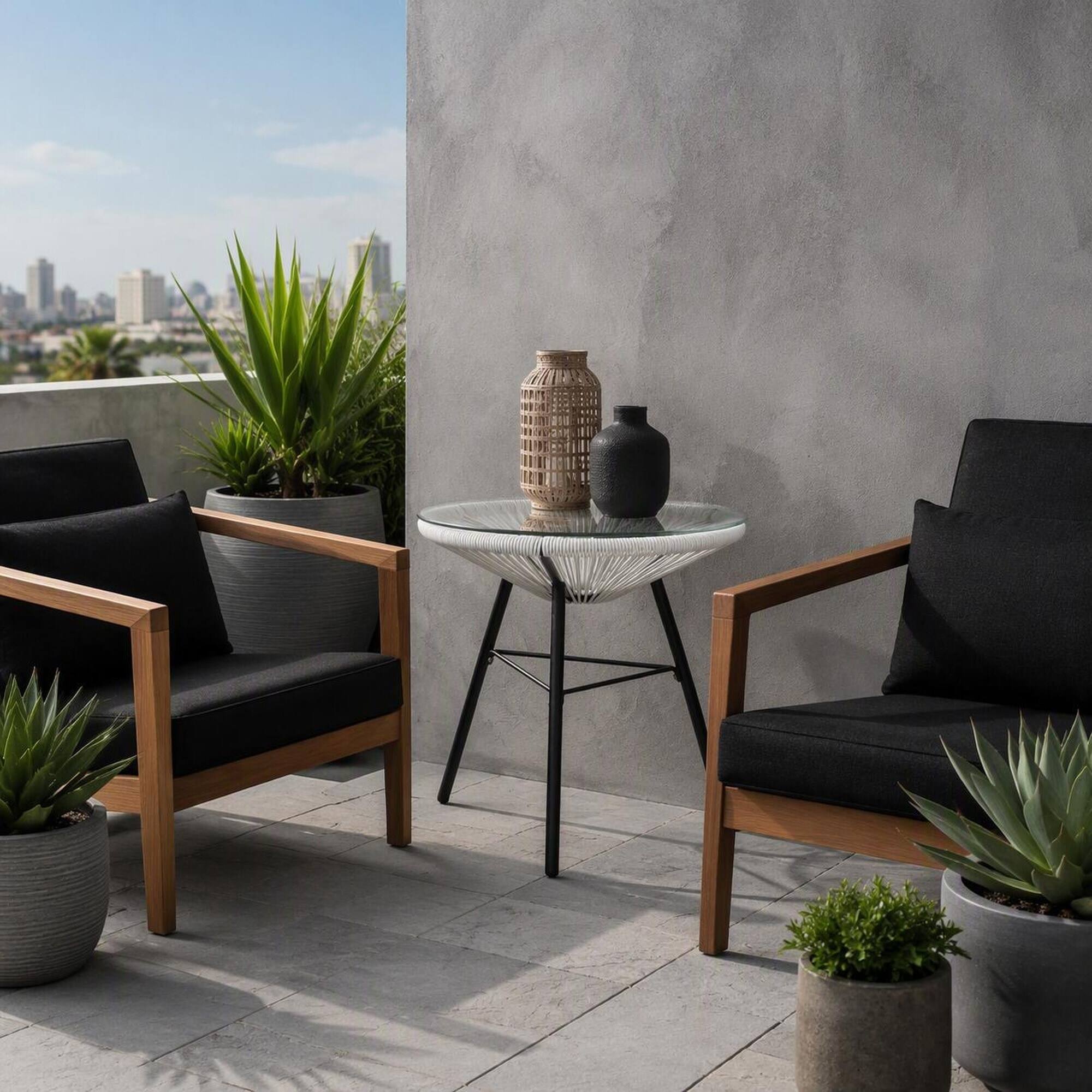 Left. RYHNUYNE - White Rattan Side Table with Clear Glass Top,Outdoor Accent Table, Weatherproof Patio & Balcony Furniture - White.