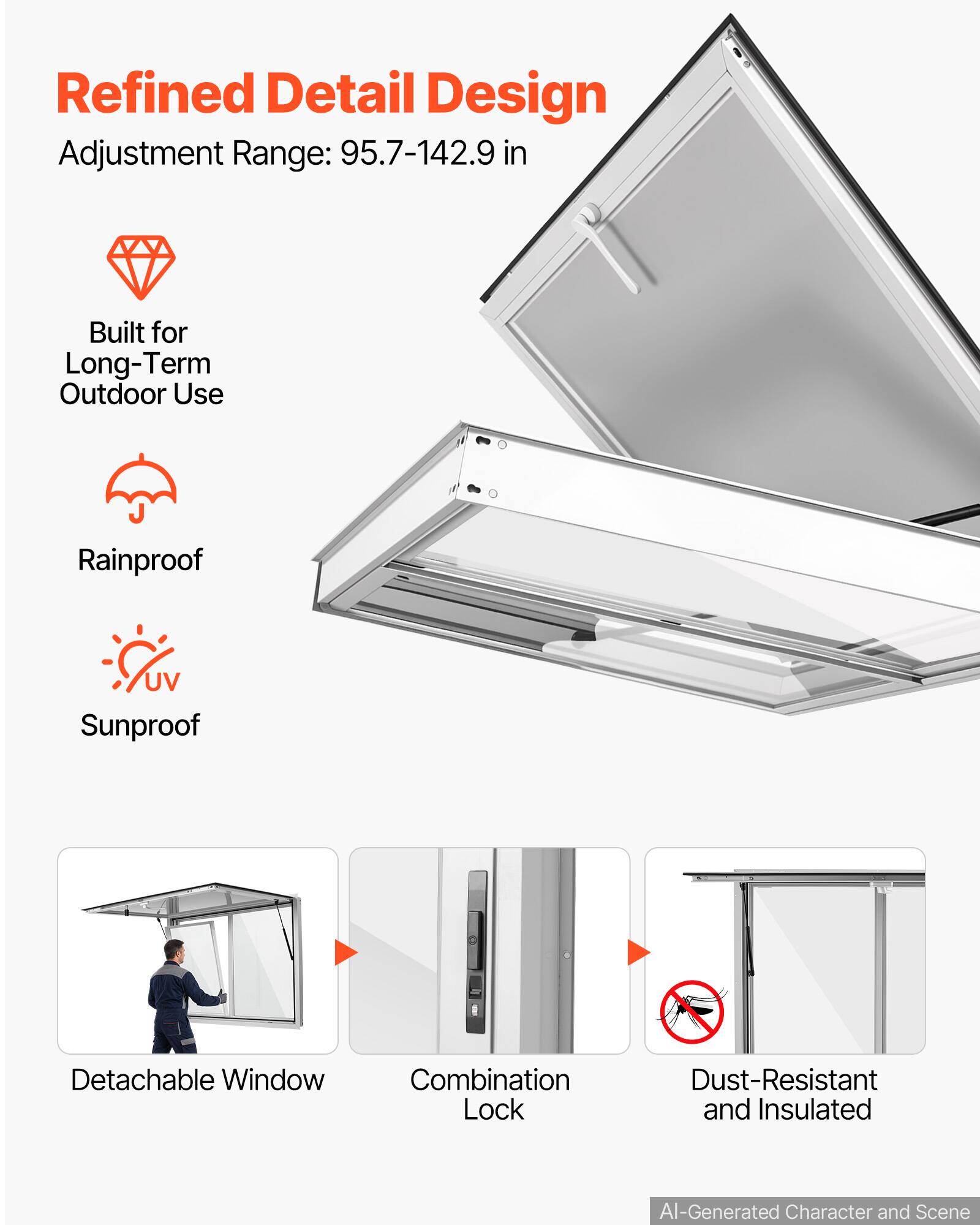 Refined Detail Design  
Adjustment Range: 95.7-142.9 in  

Built for Long-Term Outdoor Use  
Rainproof  
UV Sunproof  

Detachable Window  
Combination Lock  
Dust-Resistant and Insulated  

AI-Generated Character and Scene