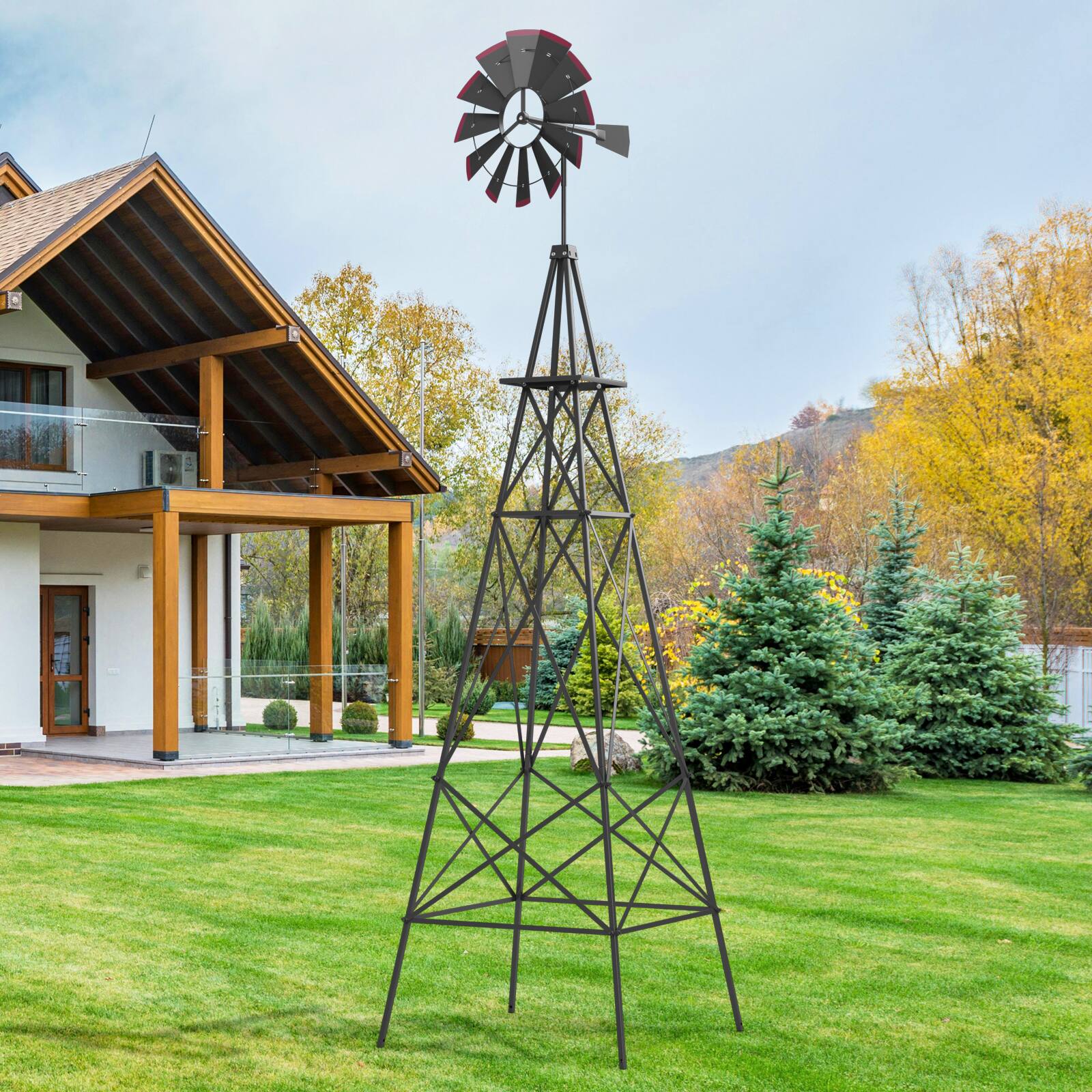 Alt View 1. Costway - 8Ft Tall Windmill Ornamental Wind Wheel Silver Gray And Red Garden Weather Vane - Gray.
