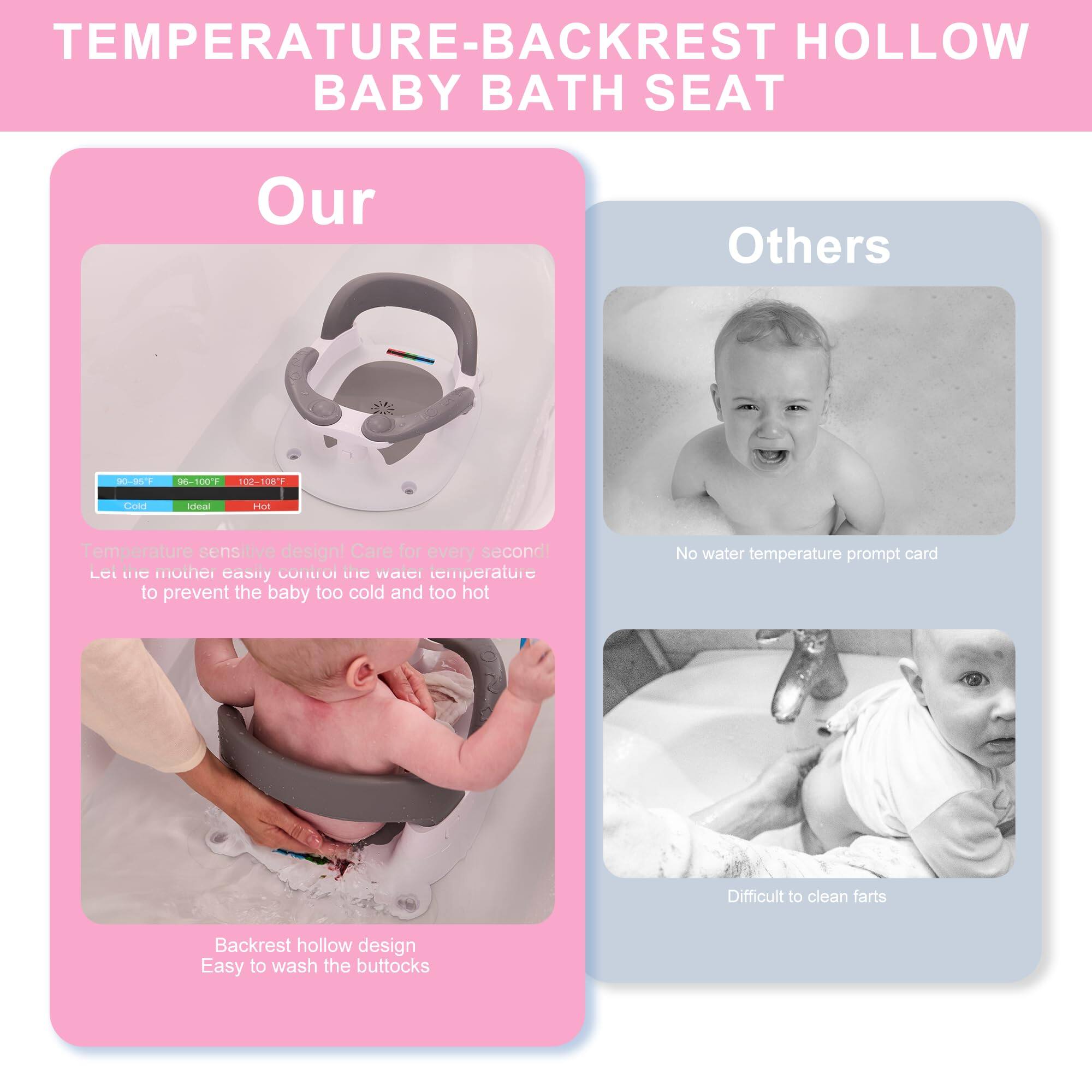 **TEMPERATURE-BACKREST HOLLOW BABY BATH SEAT**

**Our**

- Temperature sensitive design! Care for every second
- Let the mother easily control the water temperature to prevent the baby too cold and too hot
- Backrest hollow design
- Easy to wash the buttocks

**Others**

- No water temperature prompt card
- Difficult to clean farts