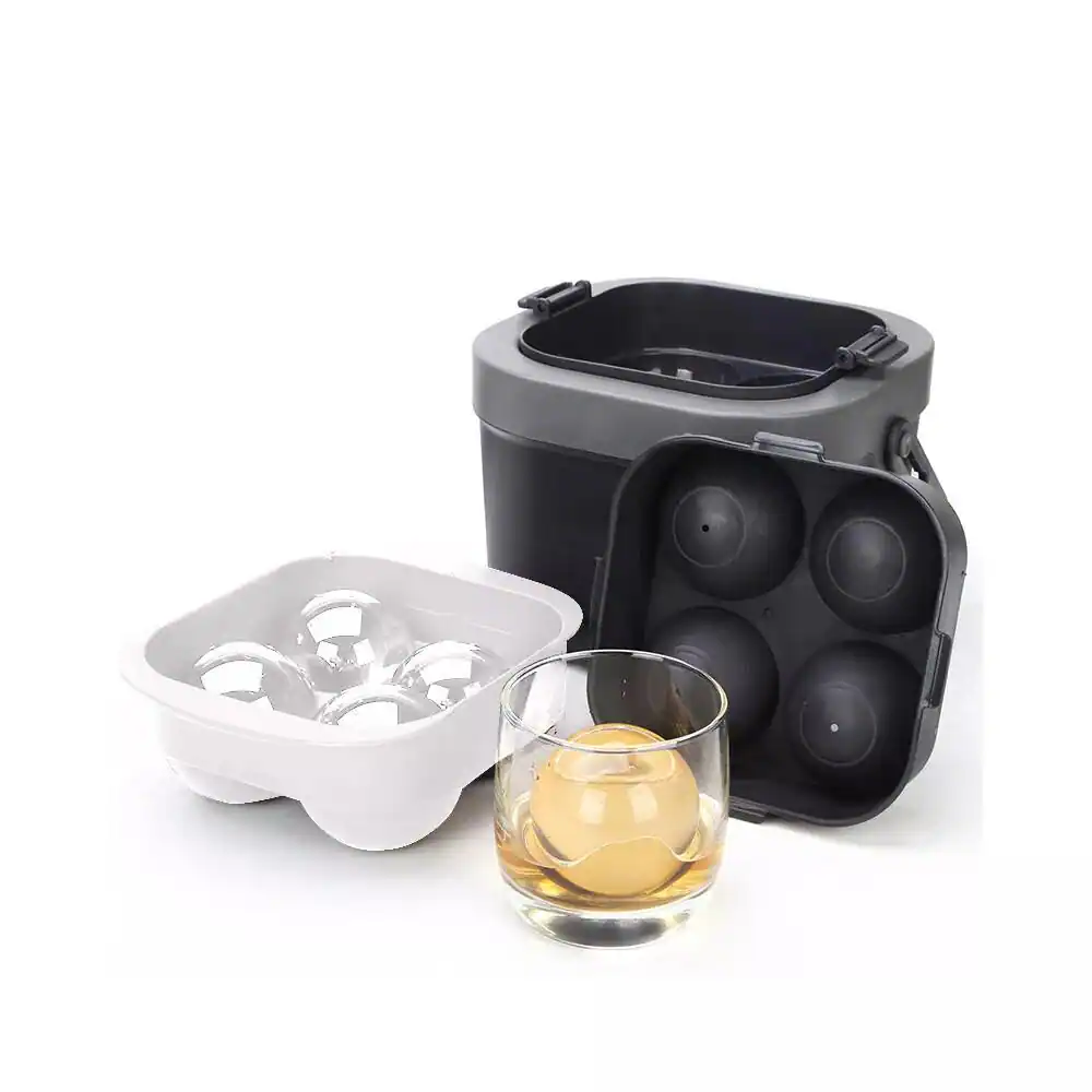 SKONYON - Ice Ball Maker with Insulated Bucket, 4 Large 3.8 oz Crystal Clear Spheres, Silicone Ice Cube Tray - White