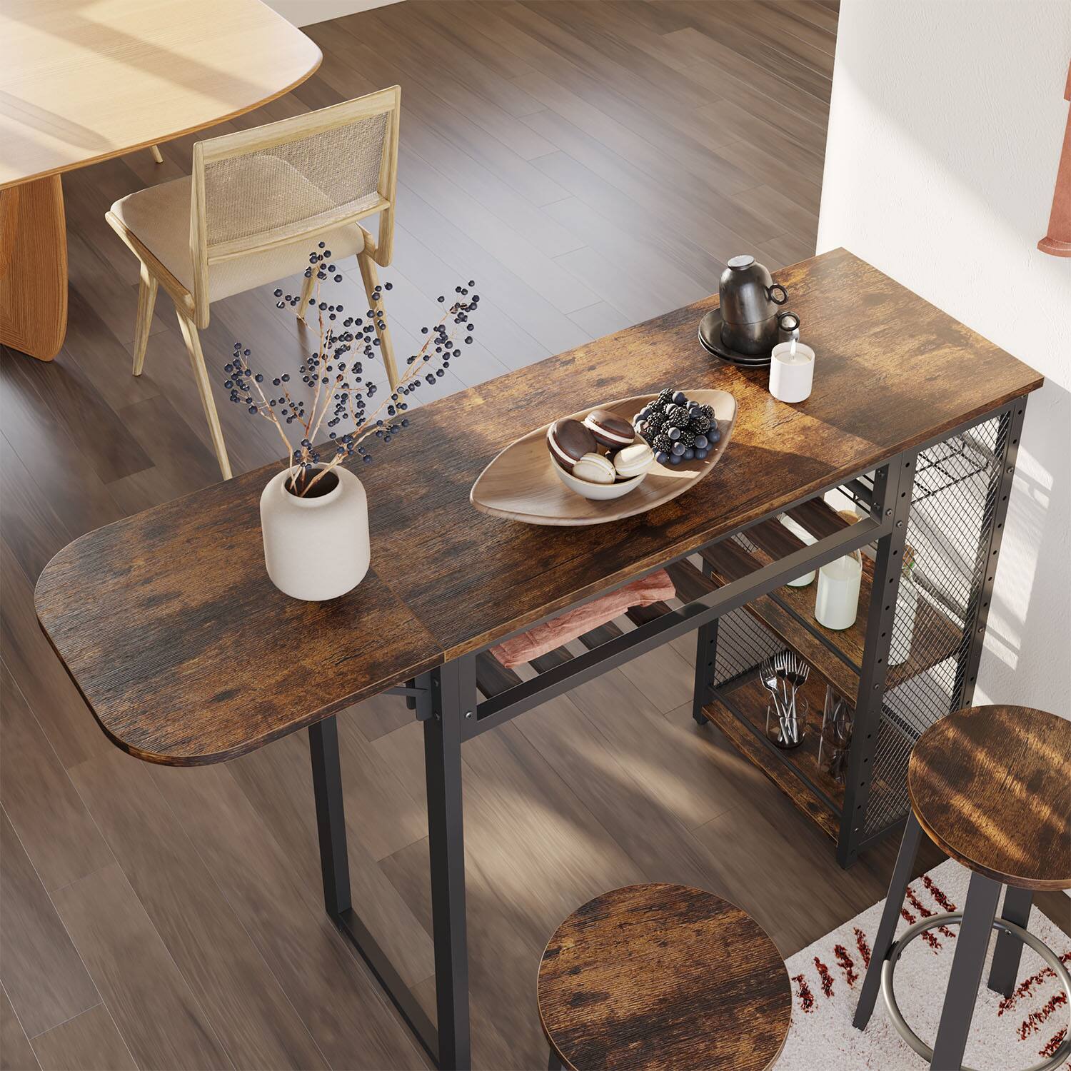 Alt View 2. Bestier - Home Bar Set with 2 Stools Drop Leaf Table 5 Tiers Storage Wine Rack and Elevated Base for Robot Vacuum - Rustic Brown.