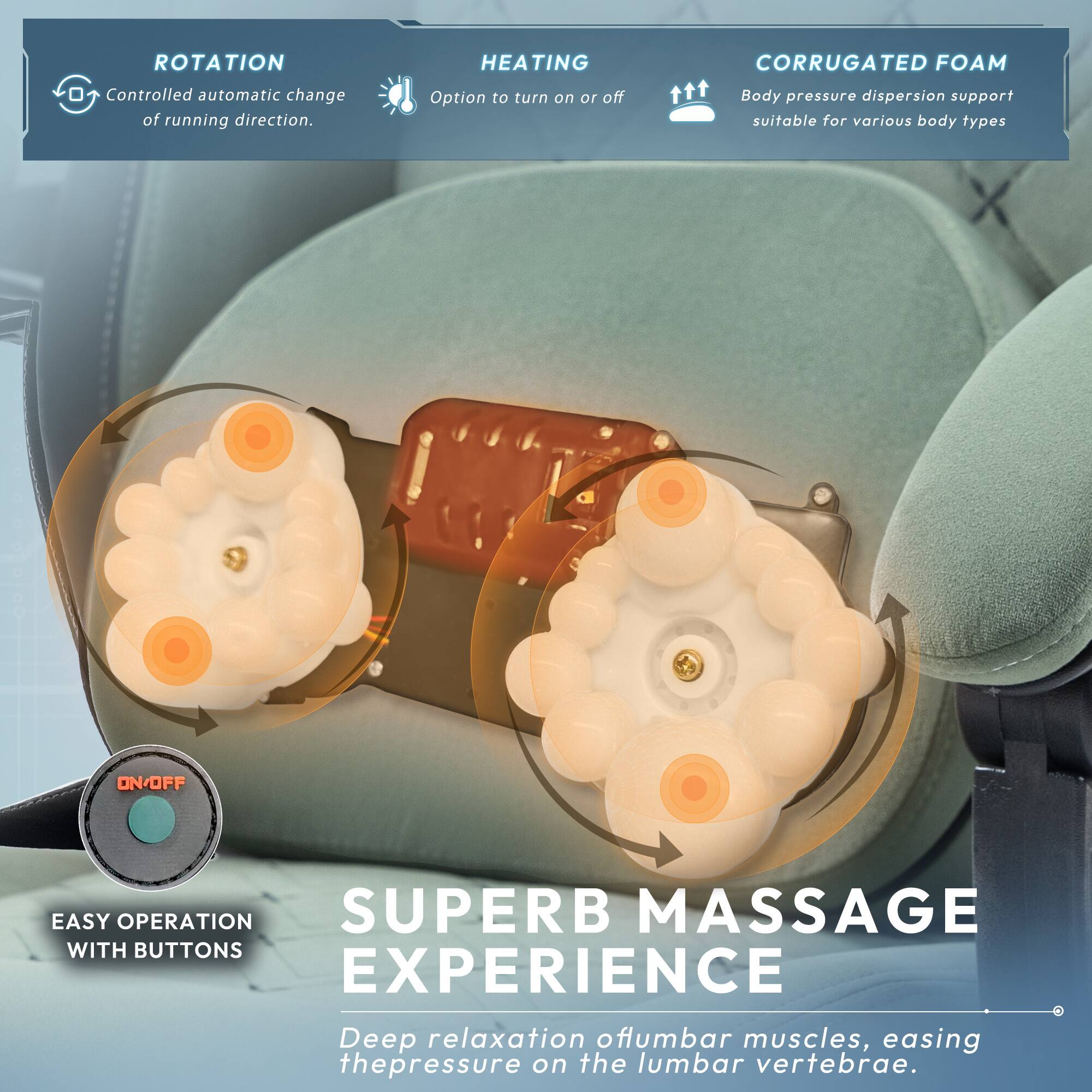- **ROTATION**: Controlled automatic change of running direction.
- **HEATING**: Option to turn on or off.
- **CORRUGATED FOAM**: Body pressure dispersion support suitable for various body types.
- **ON/OFF**: Easy operation with buttons.
- **SUPERB MASSAGE EXPERIENCE**: Deep relaxation of lumbar muscles, easing the pressure on the lumbar vertebrae.