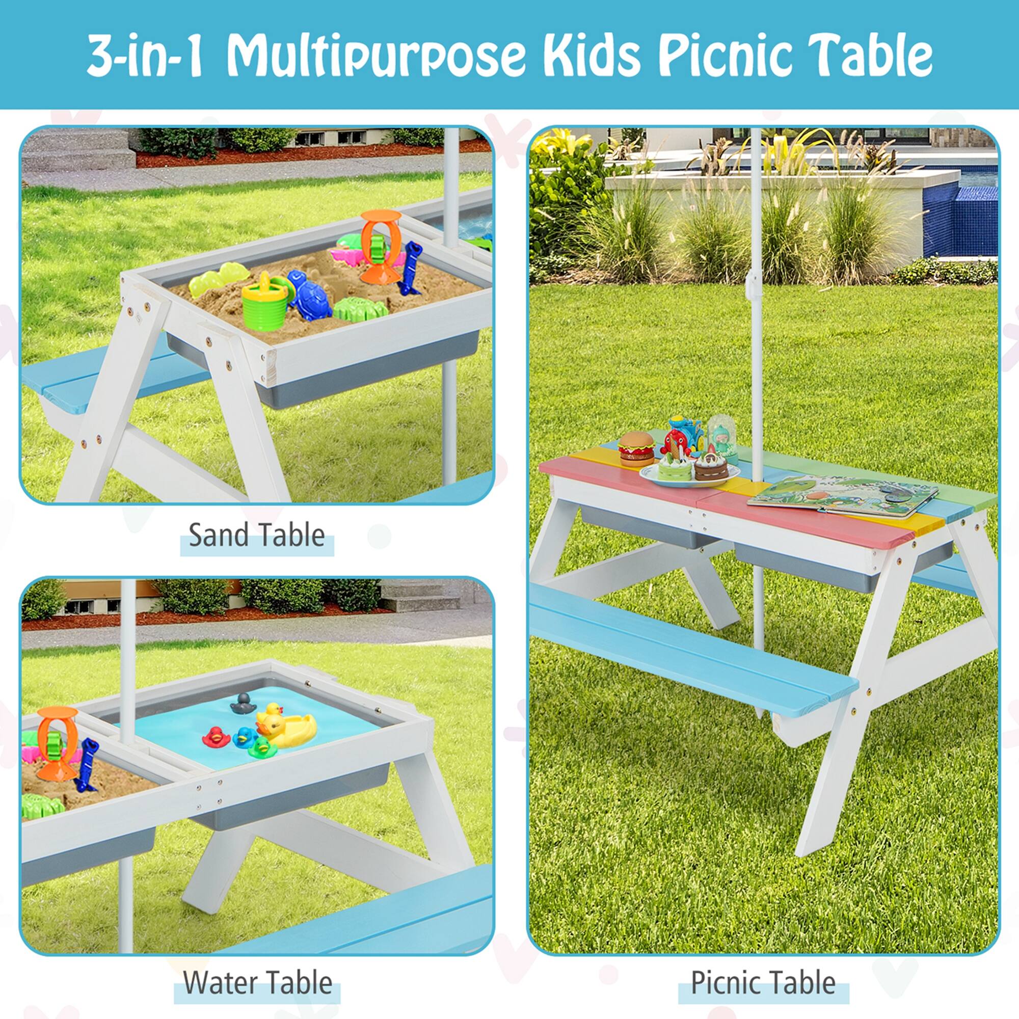 3-in-1 Multipurpose Kids Picnic Table

- Sand Table
- Water Table
- Picnic Table