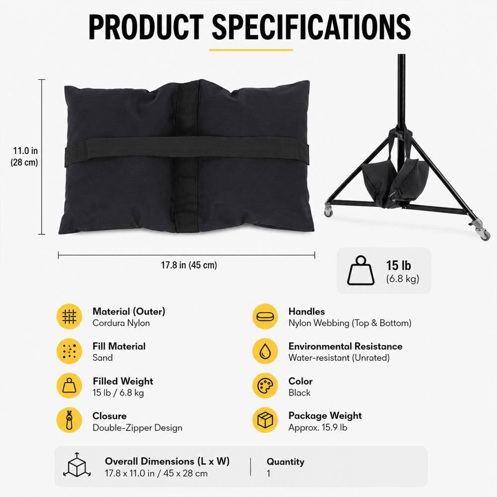 PRODUCT SPECIFICATIONS

- Height: 11.0 in (28 cm)
- Width: 17.8 in (45 cm)
- Filled Weight: 15 lb (6.8 kg)
- Material (Outer): Cordura Nylon
- Handles: Nylon Webbing (Top & Bottom)
- Fill Material: Sand
- Environmental Resistance: Water-resistant (Unrated)
- Closure: Double-Zipper Design
- Color: Black
- Package Weight: Approx. 15.9 lb
- Overall Dimensions (L x W): 17.8 x 11.0 in / 45 x 28 cm
- Quantity: 1