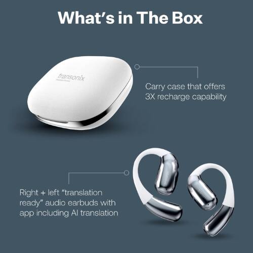 What's in The Box

- Carry case that offers 3X recharge capability
- Right + left "translation ready" audio earbuds with app including AI translation