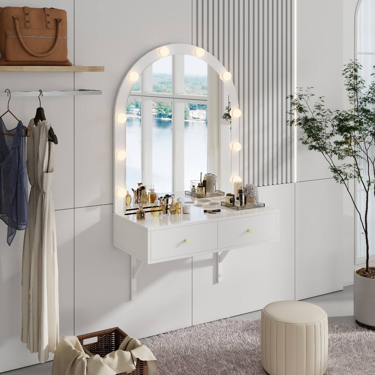 Alt View 7. Loheer - Loheer Floating Makeup Vanity Desk with Mirror and Lights, White Wall Mounted Vanity Desk - White.