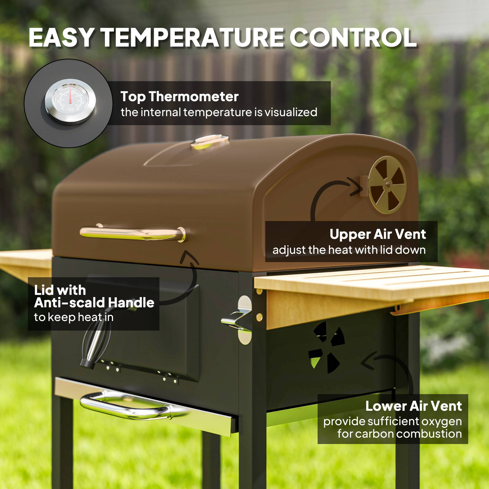 EASY TEMPERATURE CONTROL

- Top Thermometer: the internal temperature is visualized
- Upper Air Vent: adjust the heat with lid down
- Lid with Anti-scald Handle: to keep heat in
- Lower Air Vent: provide sufficient oxygen for carbon combustion