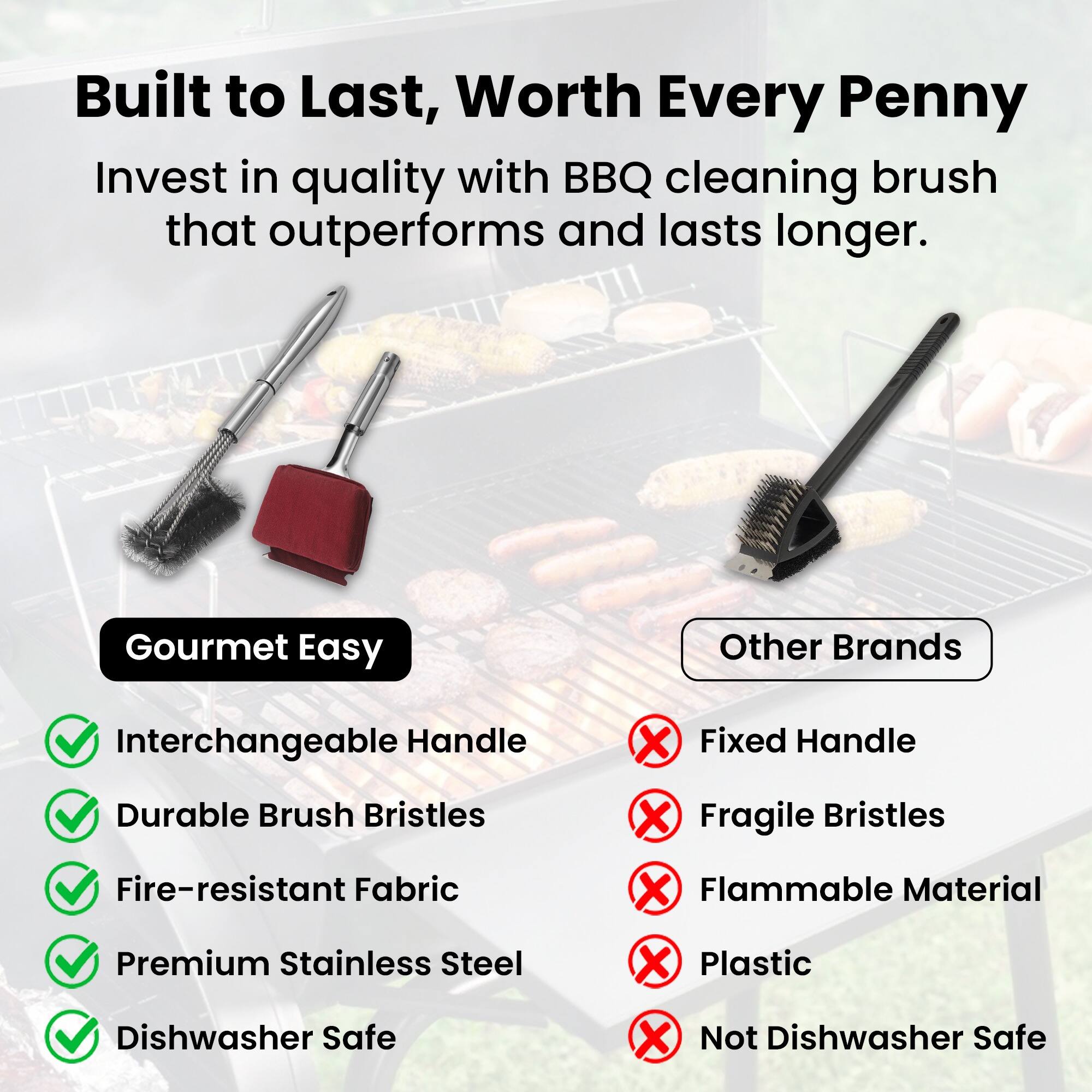 Built to Last, Worth Every Penny

Invest in quality with BBQ cleaning brush that outperforms and lasts longer.

Gourmet Easy
- Interchangeable Handle
- Durable Brush Bristles
- Fire-resistant Fabric
- Premium Stainless Steel
- Dishwasher Safe

Other Brands
- Fixed Handle
- Fragile Bristles
- Flammable Material
- Plastic
- Not Dishwasher Safe