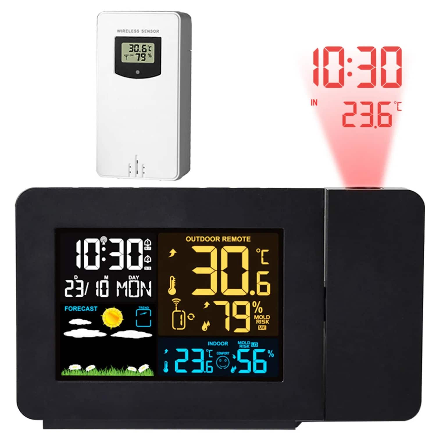 Stock Preferred - Atomic Projection Alarm Clock with WWVB Function & Wireless Outdoor Sensor - Black