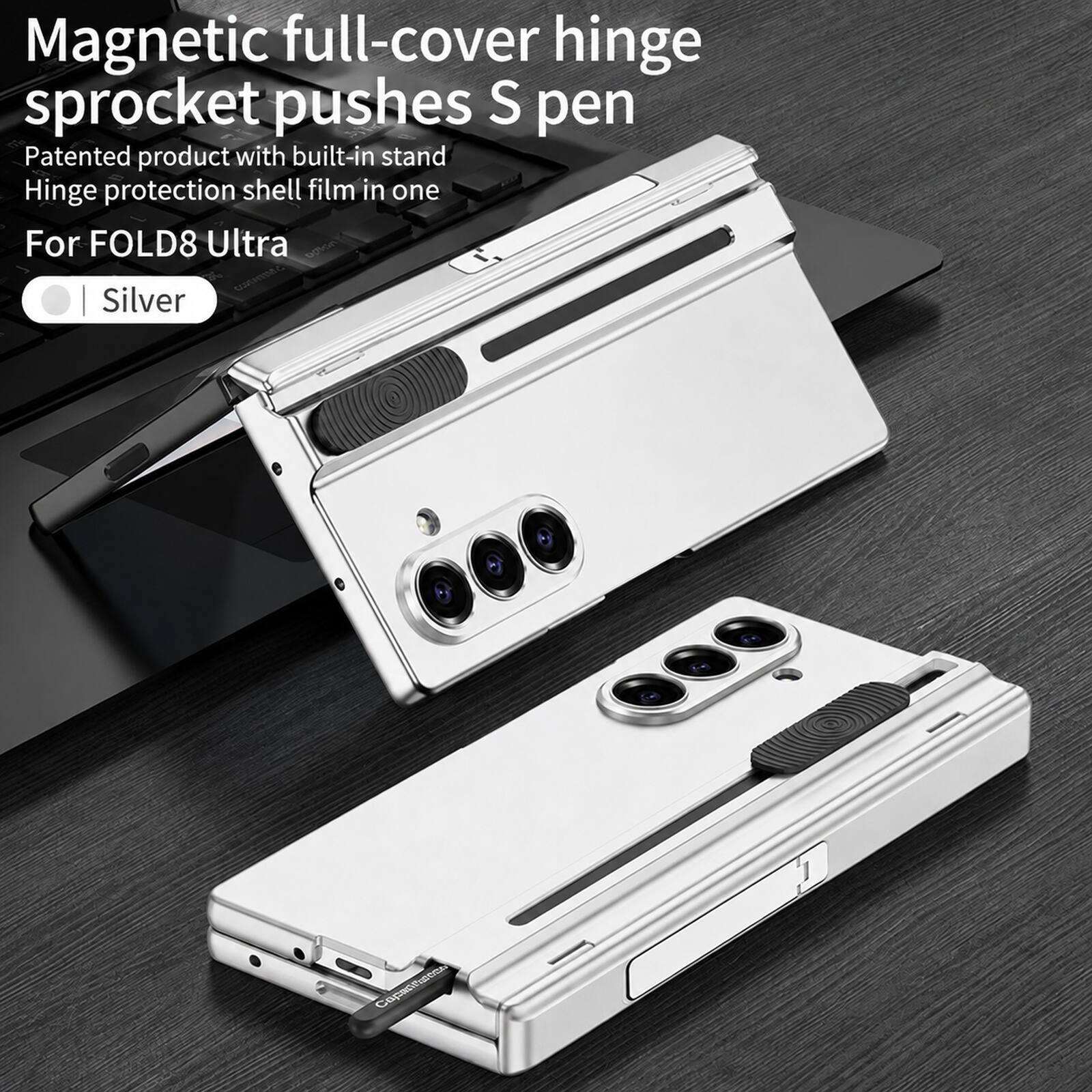 Magnetic full-cover hinge sprocket pushes S pen  
Patented product with built-in stand  
Hinge protection shell film in one  
For FOLD8 Ultra  
Silver