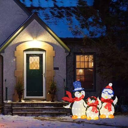 Front. BreeBe - 3-Piece Pre-Lit 2D Penguin Family Christmas Display with 160 LED Lights - Multicolor.