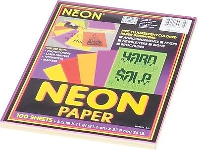 NEON PAPER

HOT FLUORESCENT BRIGHTENED: COLORED PAPER FOR USE WITH LASER PHOTOCOPMERS TYPEWRITERS PRINTERS MARKERS

FOR USE WITH:
- PHOTOCOPIERS
- LASER PRINTERS
- TYPEWRITERS
- MARKERS

HOT FLUORESCENT BRIGHTENED: COLORED PAPER FOR USE WITH
- NEWSLETTERS
- ANNOUNCEMENTS
- FLYERS
- BROCHURES
- SIGNS

100 SHEETS - 8 1/2 IN X 11 IN (21.6 cm X 27.9 cm) 24 LB.

YARD SALE