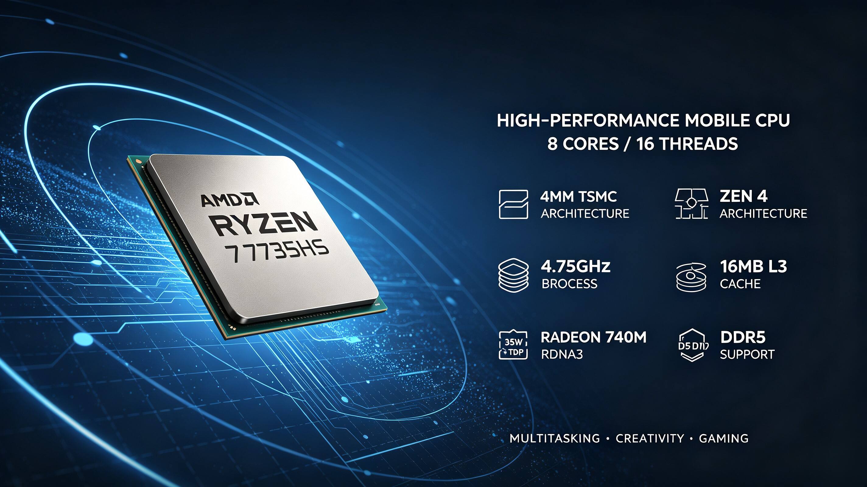 HIGH-PERFORMANCE MOBILE CPU  
8 CORES / 16 THREADS  
AMD RYZEN 7 7735HS  
4MM TSMC ARCHITECTURE  
4.75GHz PROCESSOR  
ZEN 4 ARCHITECTURE  
16MB L3 CACHE  
35W TDP  
RADEON 740M RDNA3  
DDR5 SUPPORT  
MULTITASKING • CREATIVITY • GAMING