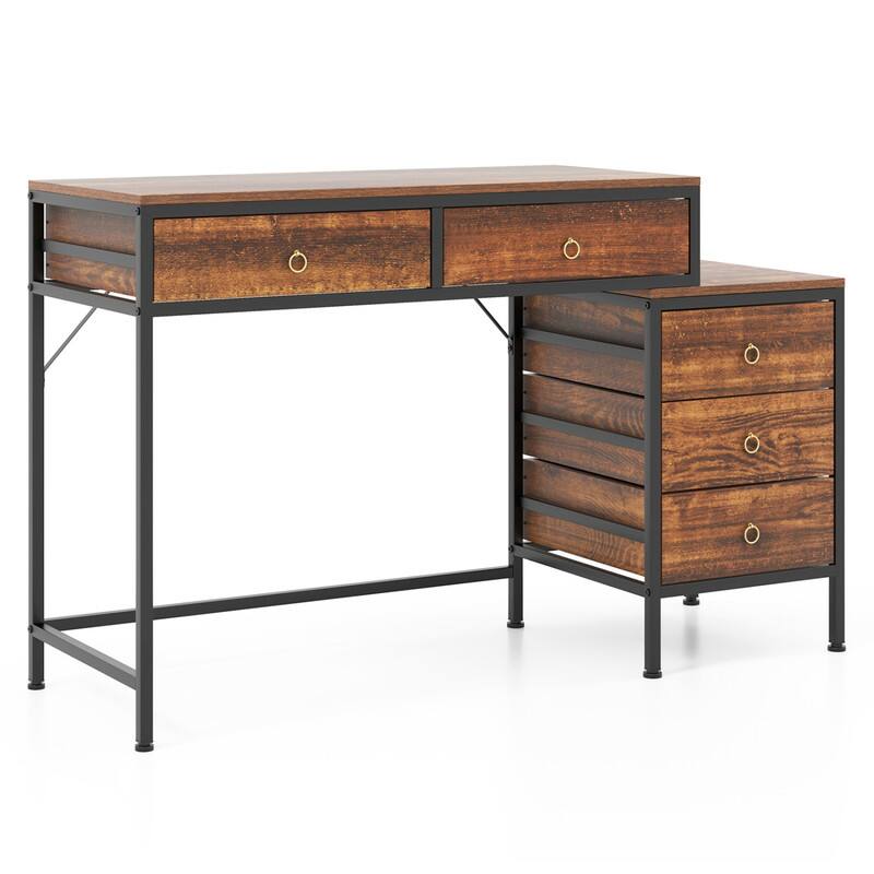 Alt View 5. WELLFOR - 51" Computer Desk with 5 Drawers & Printer Stand, Writing Desk for Home Office - Rustic Brown.