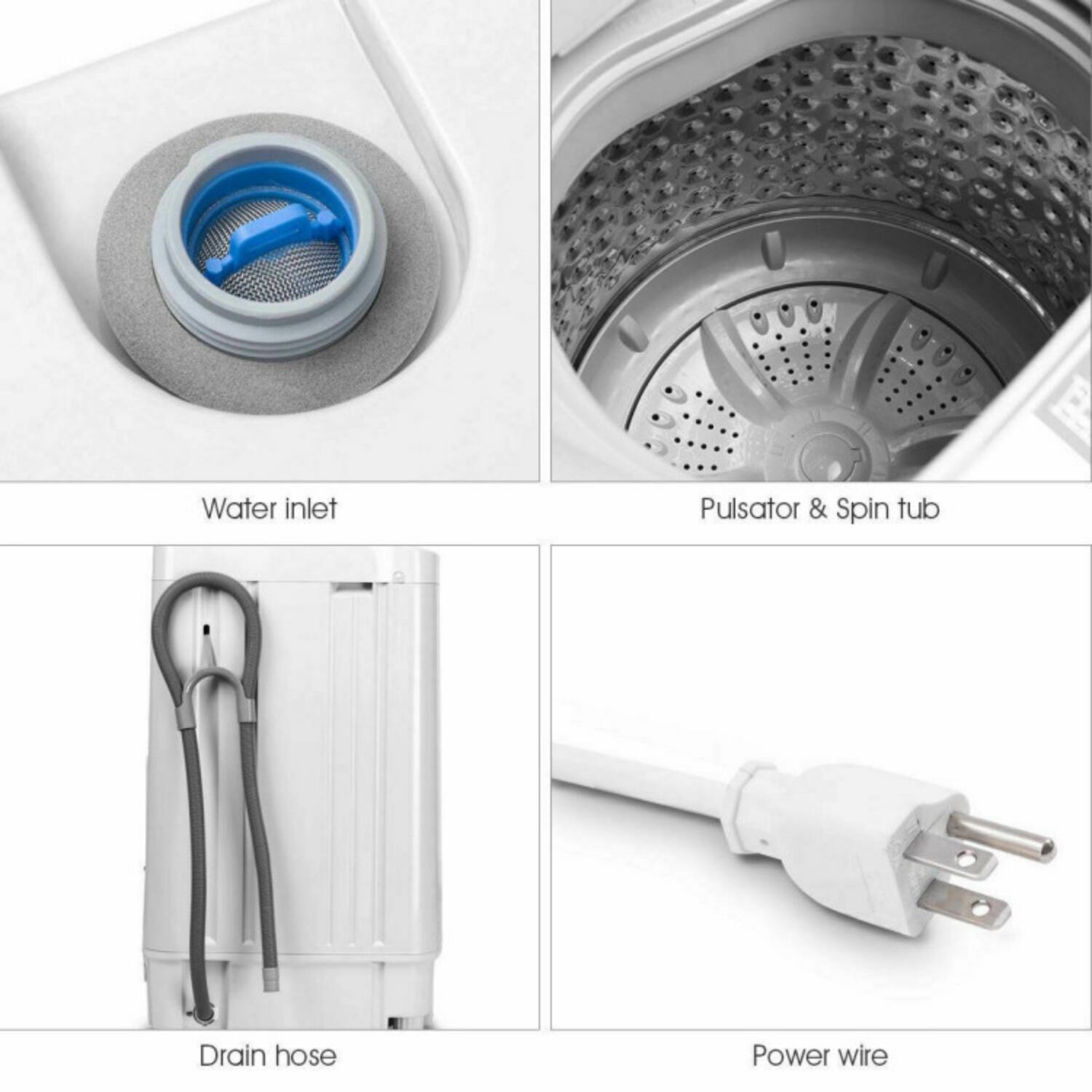 - Water inlet
- Pulsator & Spin tub
- Drain hose
- Power wire