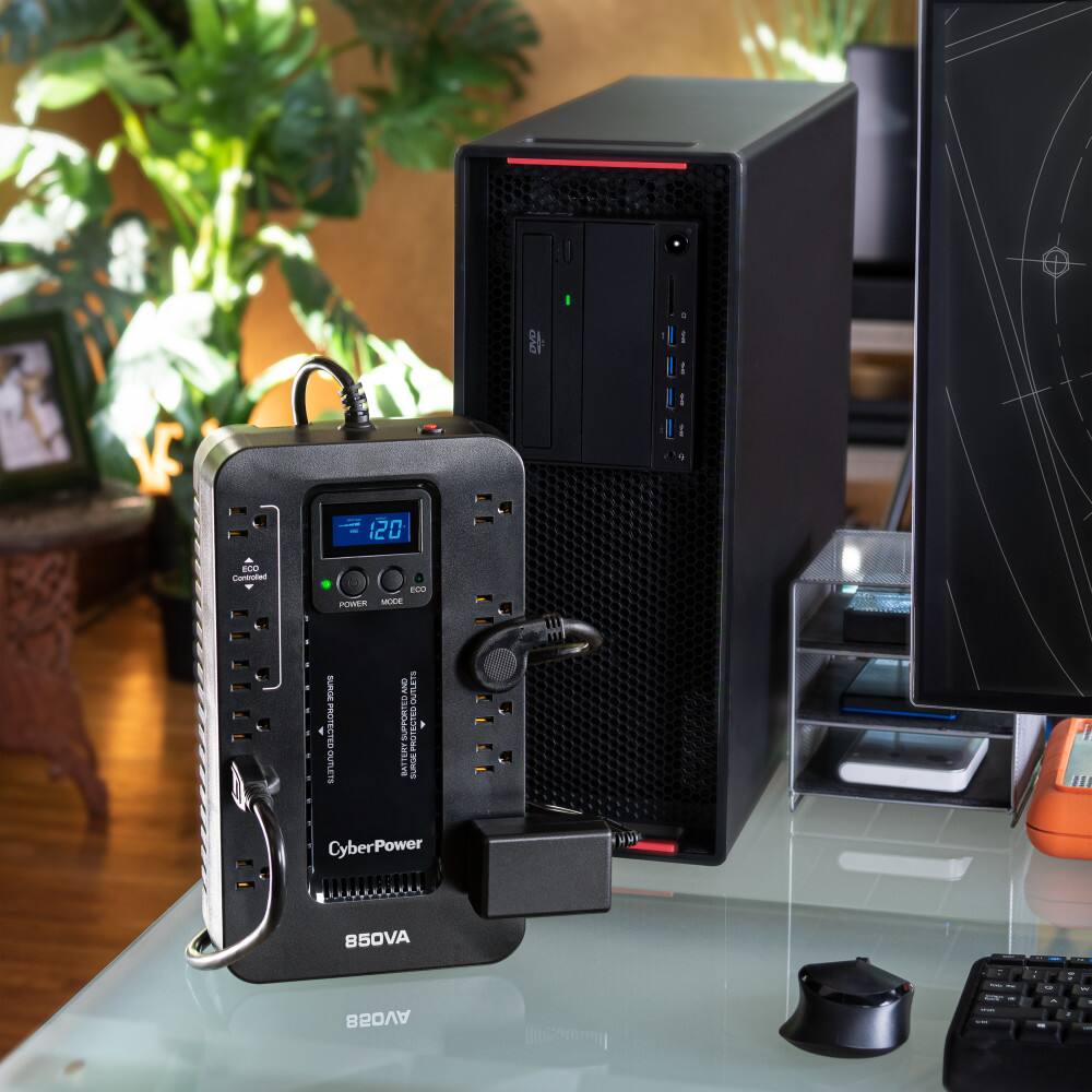 DD I I I I I I V :20 BLO Cortroted eCO POWEER MESE I I EUNUNO | SUPPORTED SURGEPROTECTEO OUTLET CIE PROTS OUTLETS BATTERT  CyberPower # HM / I 850VA  850VA