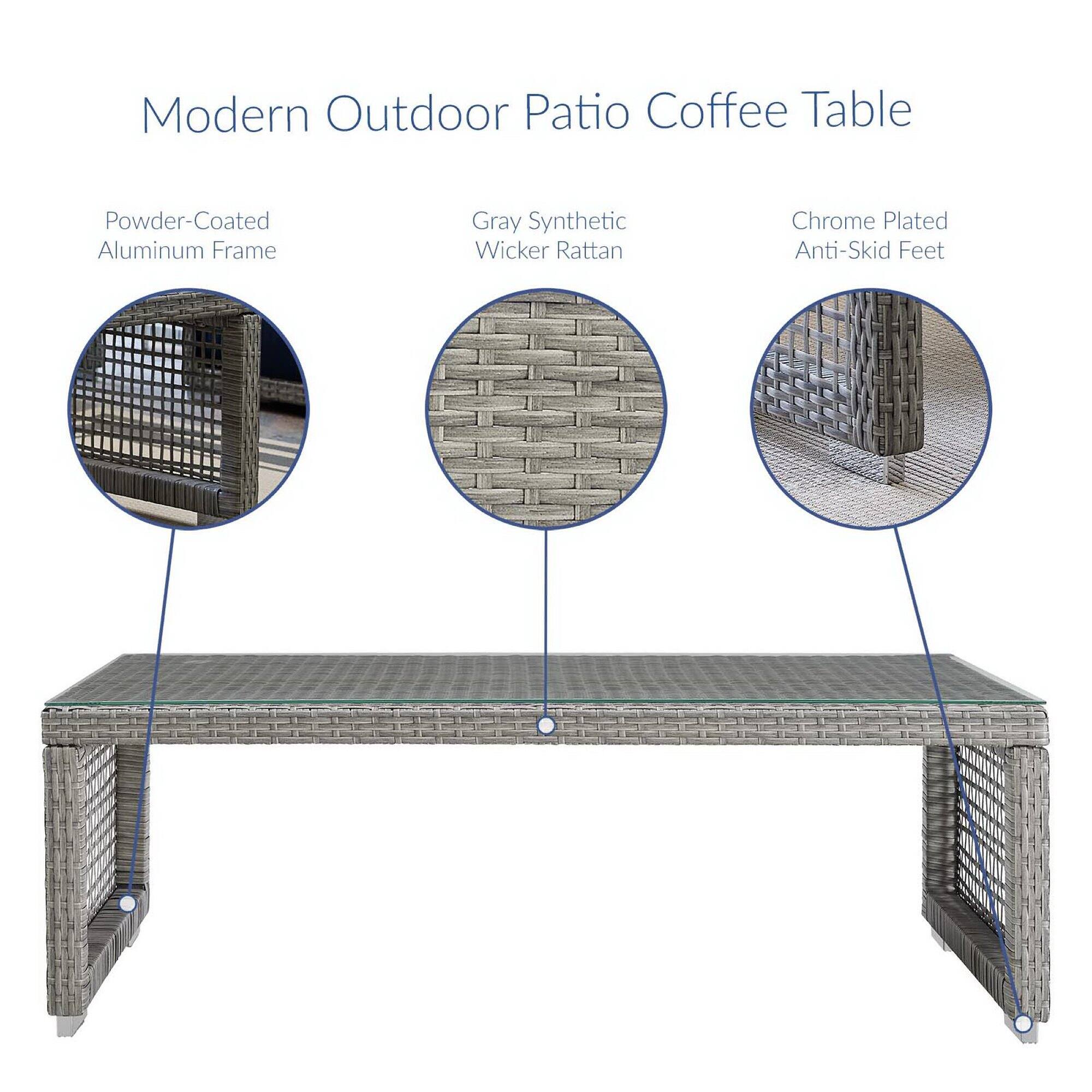 Modern Outdoor Patio Coffee Table

- Powder-Coated Aluminum Frame
- Gray Synthetic Wicker Rattan
- Chrome Plated Anti-Skid Feet