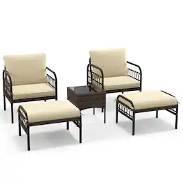 Gymax - 5PCS Wicker Furniture Set PE Rattan Chair Set w/ Ottomans & Coffee Table Patio - Brown