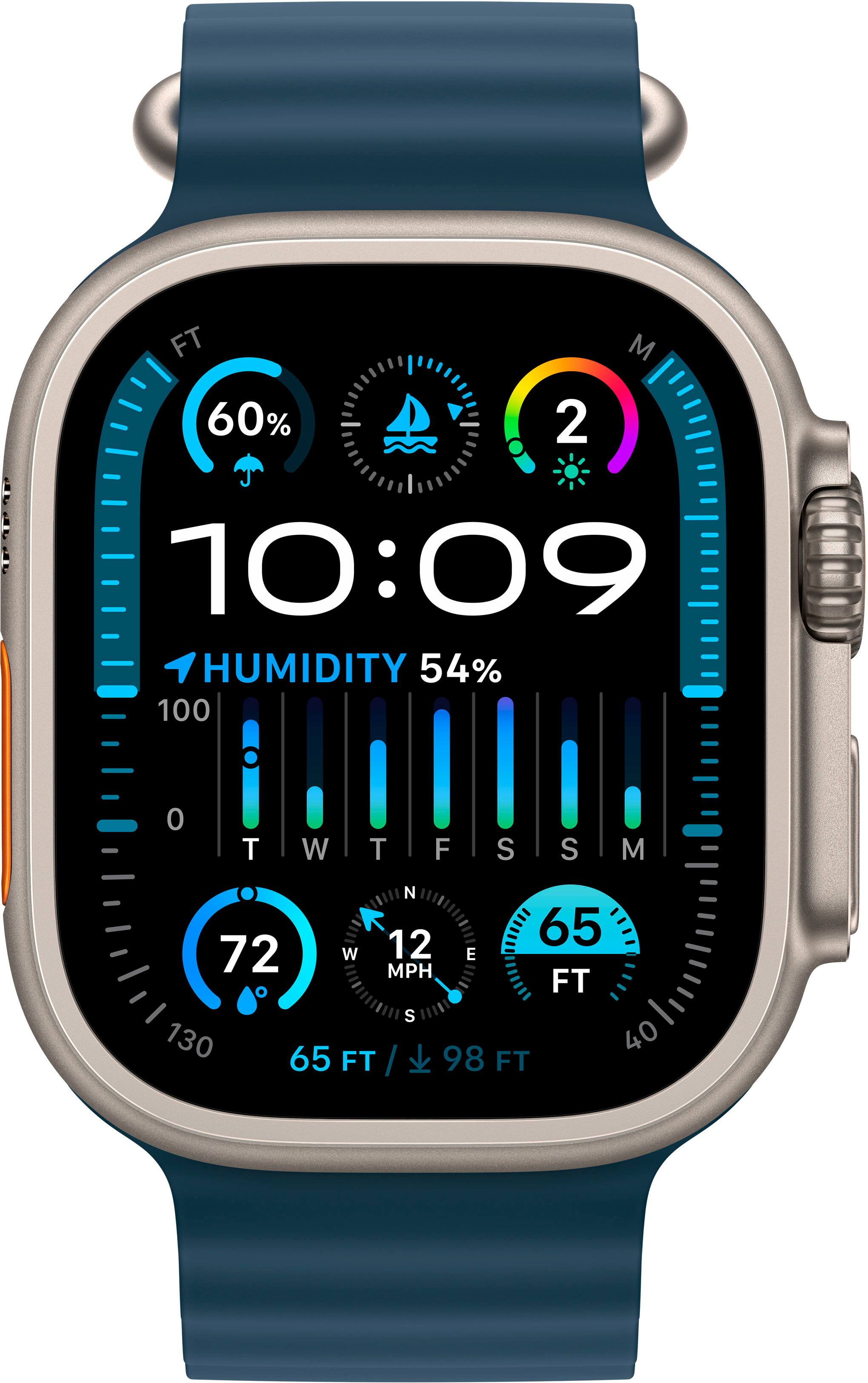 Angle. Apple - Apple Watch Ultra 2 (GPS + Cellular) 49mm Titanium Case with Blue Ocean Band with Blood Oxygen - Titanium.