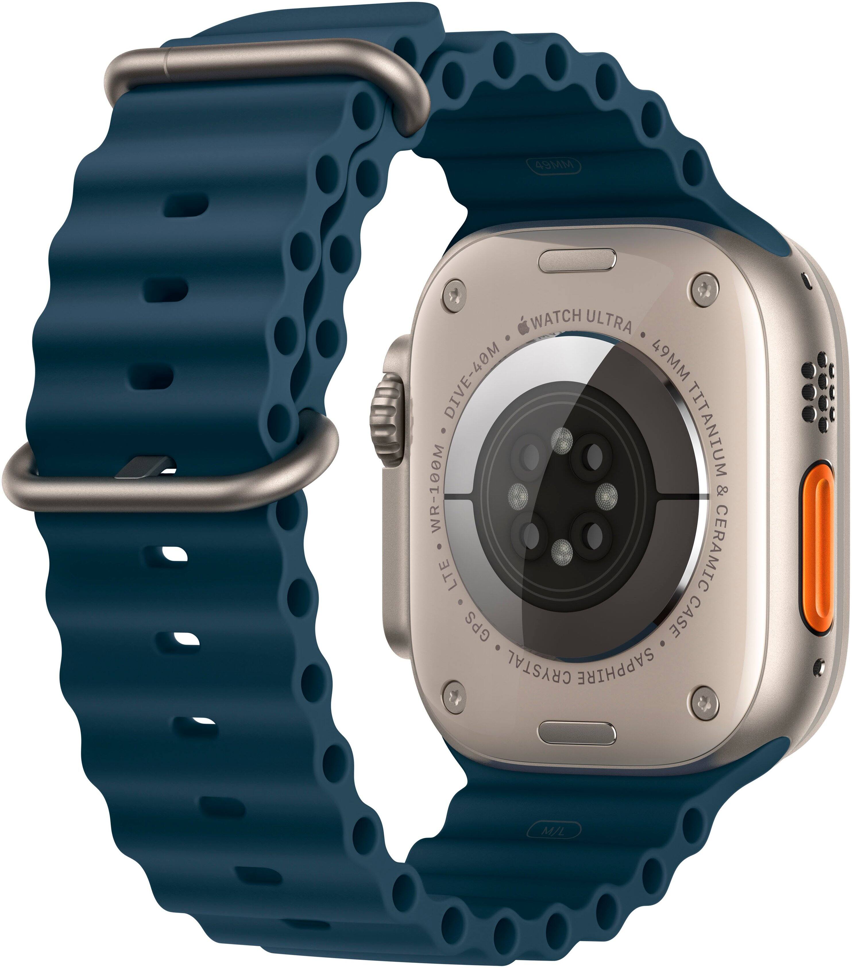 Alt View 12. Apple - Apple Watch Ultra 2 (GPS + Cellular) 49mm Titanium Case with Blue Ocean Band with Blood Oxygen - Titanium.