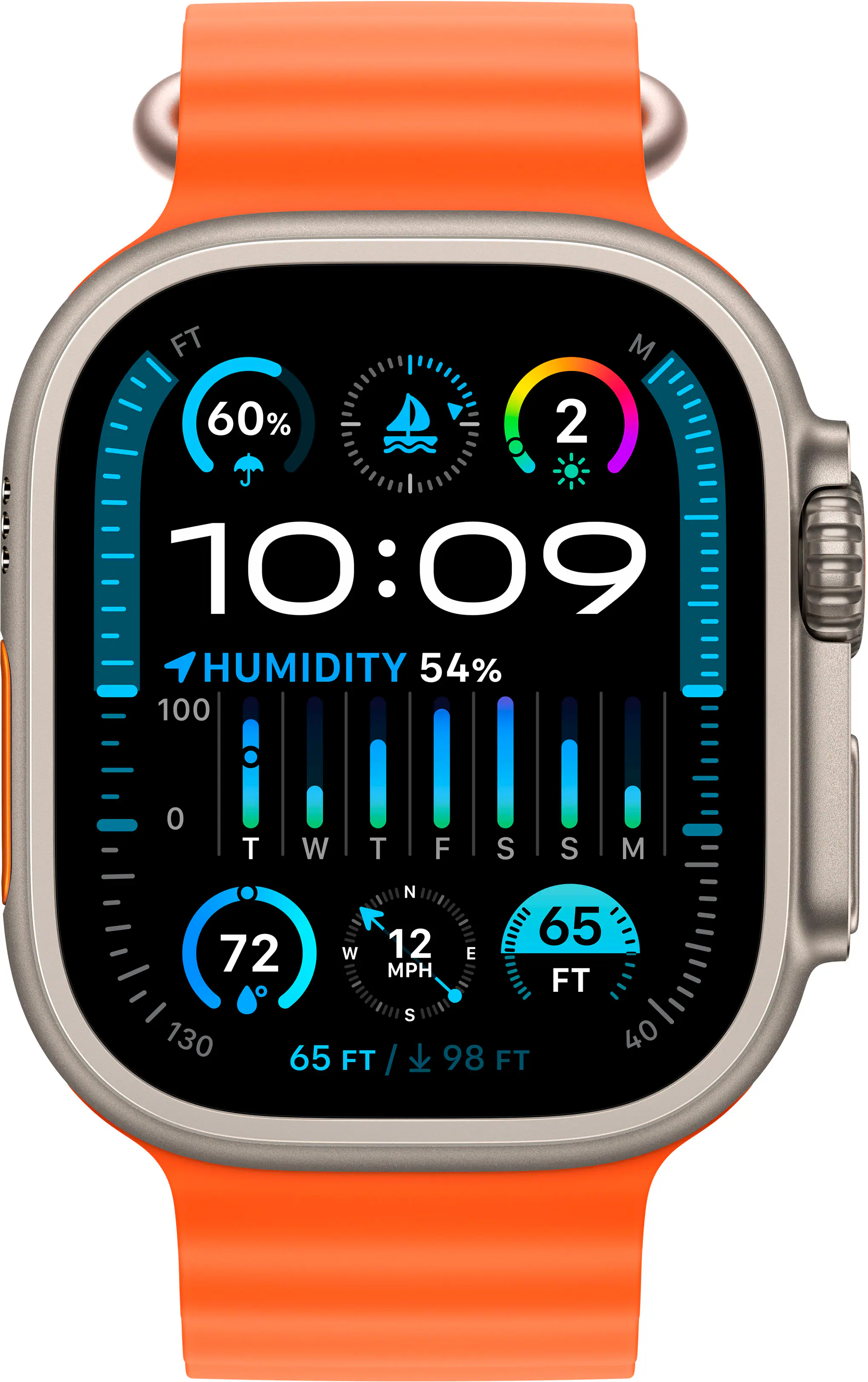 Angle. Apple - Apple Watch Ultra 2 (GPS + Cellular) 49mm Titanium Case with Orange Ocean Band with Blood Oxygen - Titanium.