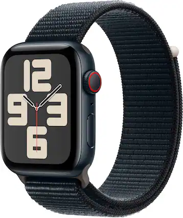 Front. Apple - GSRF Apple Watch SE 2nd Generation (GPS + Cellular) 44mm Midnight Aluminum Case with Midnight Sport Loop - Midnight.