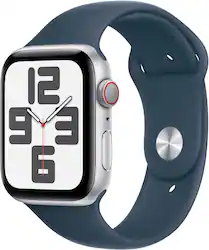 Apple Watch SE 2nd Generation (GPS + Cellular) 44mm Silver Aluminum Case with Storm Blue Sport Band - M/L - Silver - (2022) - Front_Zoom