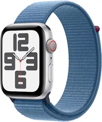 Front. Apple - Apple Watch SE 2nd Generation (GPS + Cellular) 44mm Silver Aluminum Case with Winter Blue Sport Loop - Silver.
