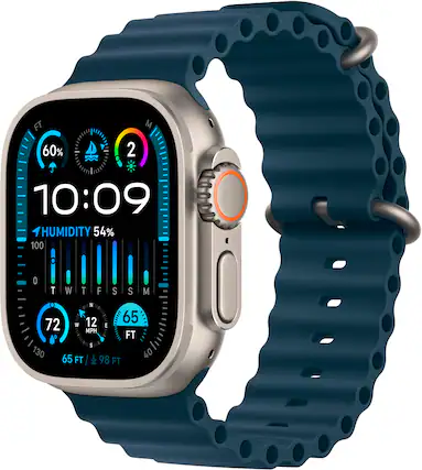 The image shows a watch face with various information displayed. The time is 10:09, and the humidity is 54%. The watch also shows the temperature at 60°F, and the wind speed is 100 mph. The watch face is blue and silver, and the watch is on a person's wrist.