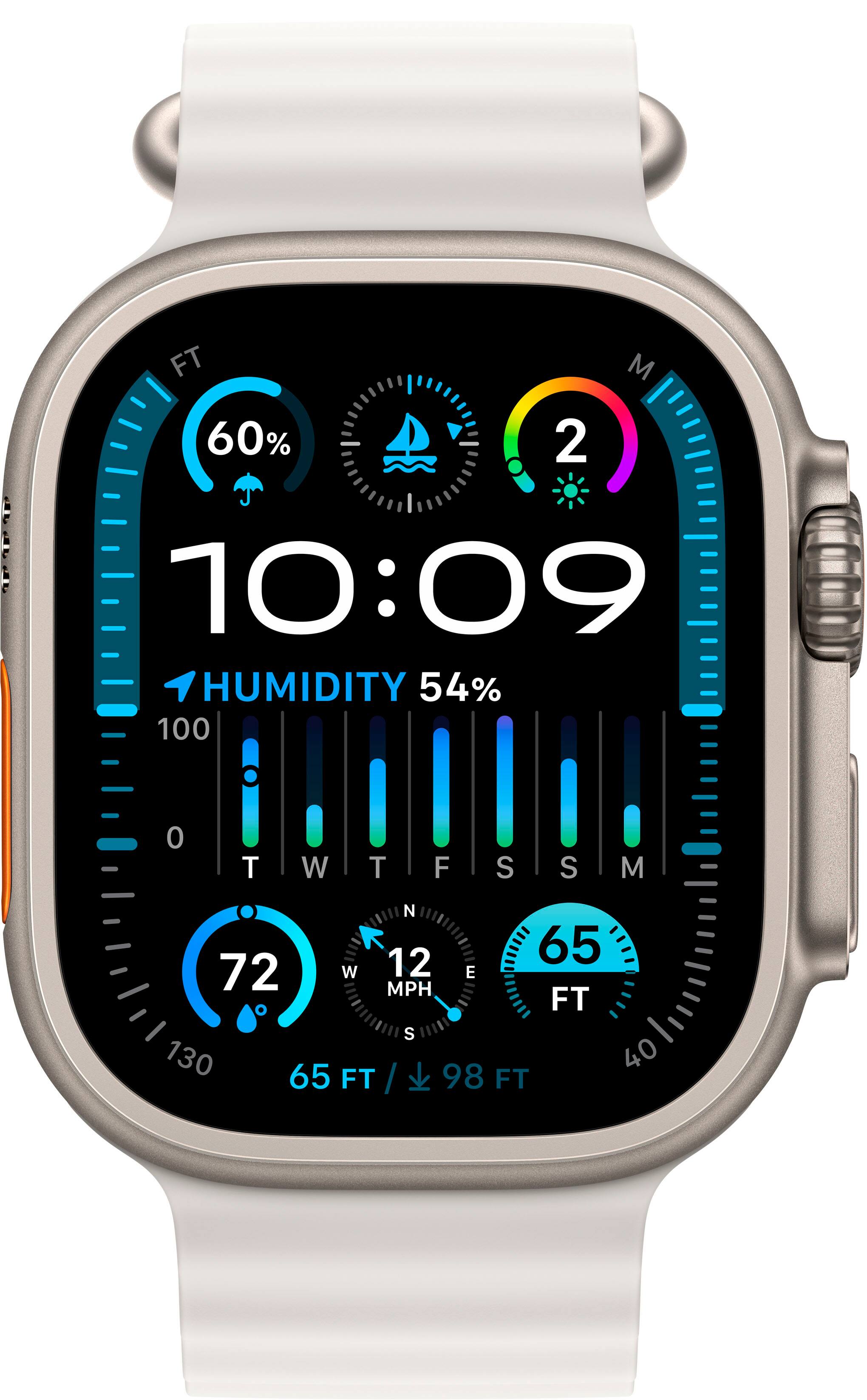 The image shows a watch displaying the time of 10:09. The watch also shows the humidity at 54%, and the temperature at 72 degrees Fahrenheit. The watch is white and has a black face.