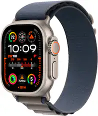 Front. Apple - Apple Watch Ultra 2 (GPS + Cellular) 49mm Titanium Case with Blue Alpine Loop with Blood Oxygen - Medium - Titanium.