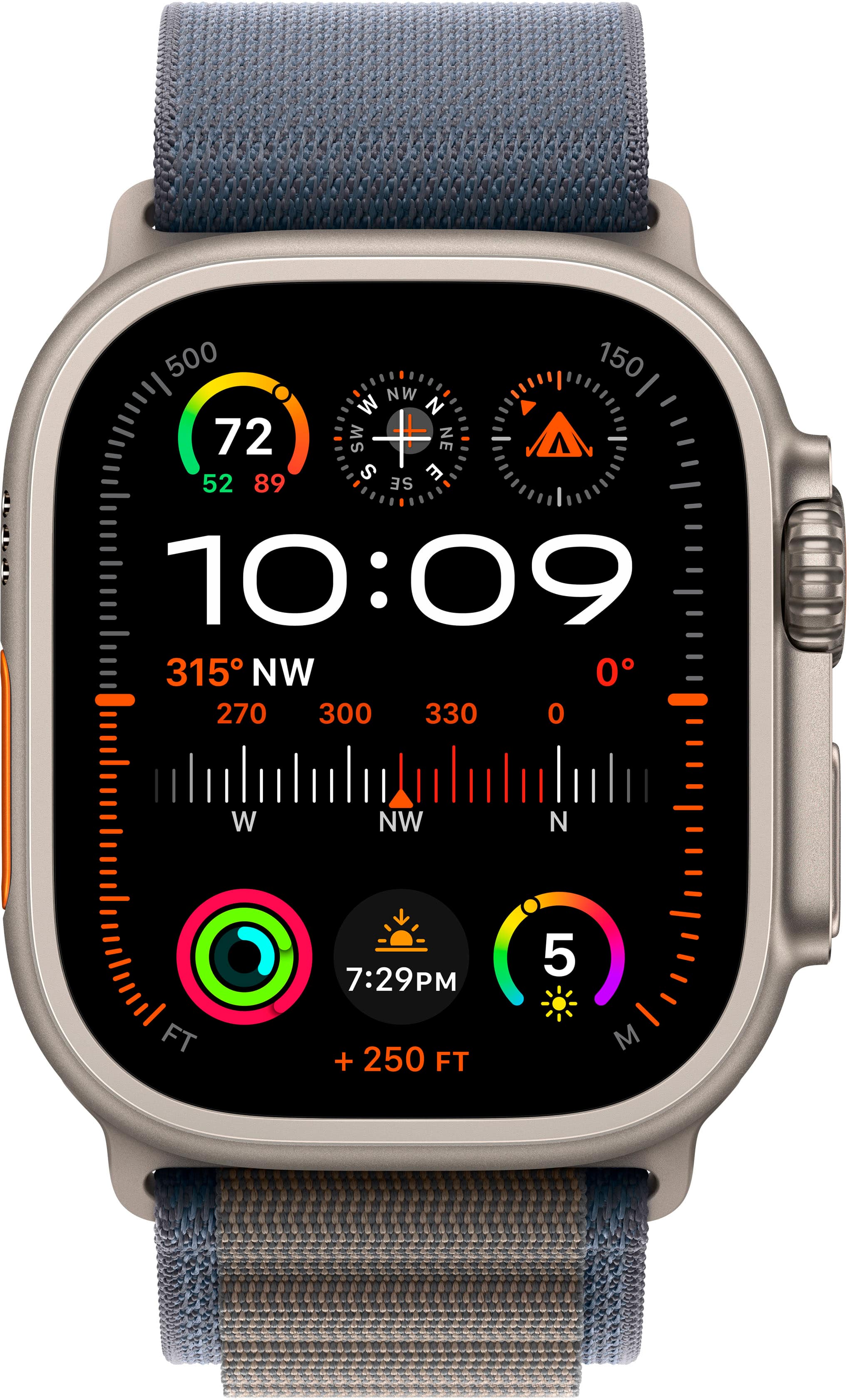 The text on the image is grouped and corrected as follows:
1. The time displayed on the watch is 10:09.
2. The compass shows the direction as NW.
3. The altitude is 315 feet.
4. The watch is showing the time in the afternoon.
5. The watch is showing the time in the evening.
6. The watch is showing the time in the evening.
7. The watch is showing the time in the evening.
8. The watch is showing the time in the evening.
9. The watch is showing the time in the evening.
10. The watch is showing the time in the evening.