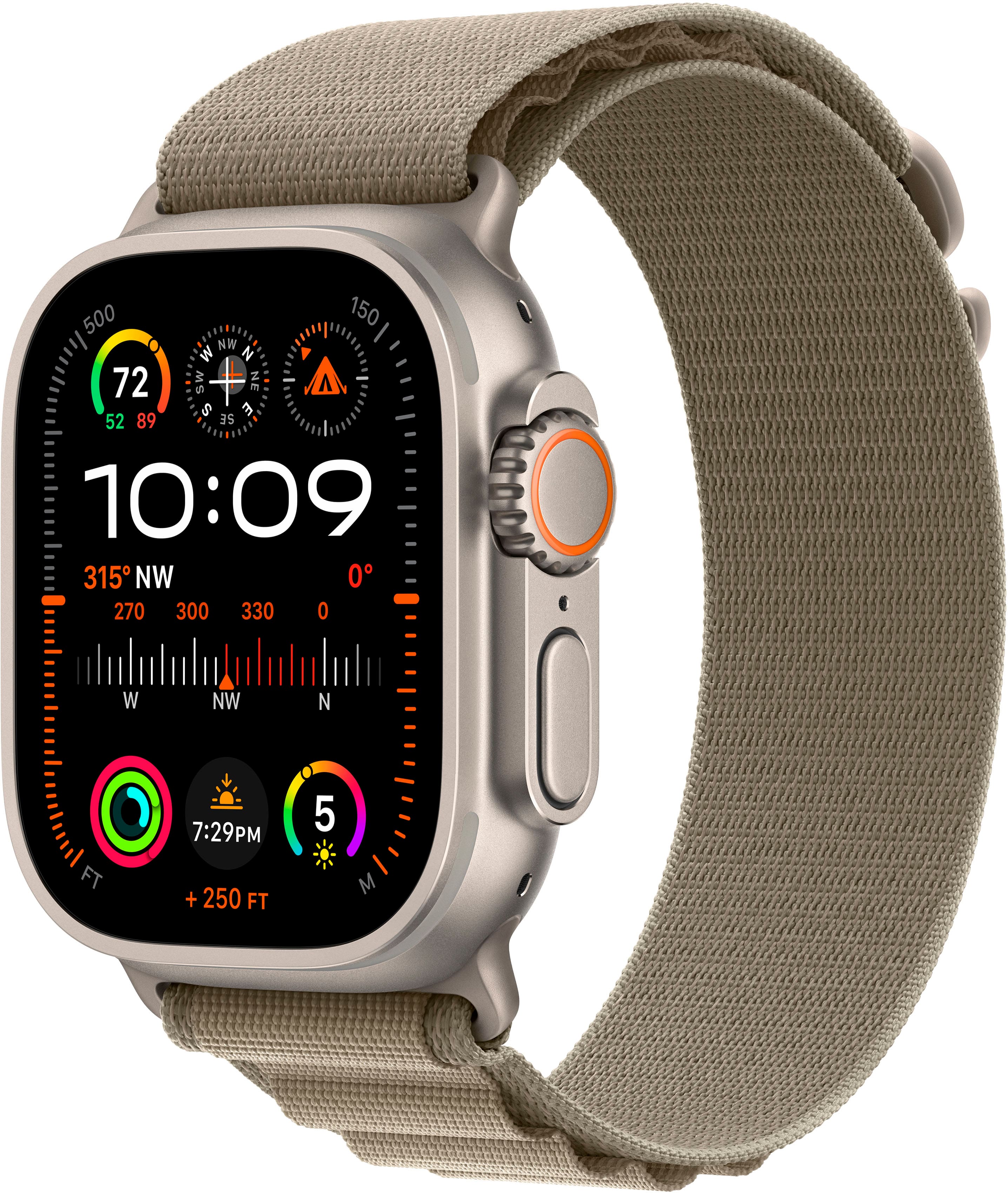 Front. Apple - Apple Watch Ultra 2 (GPS + Cellular) 49mm Titanium Case with Olive Alpine Loop with Blood Oxygen - Large - Titanium.
