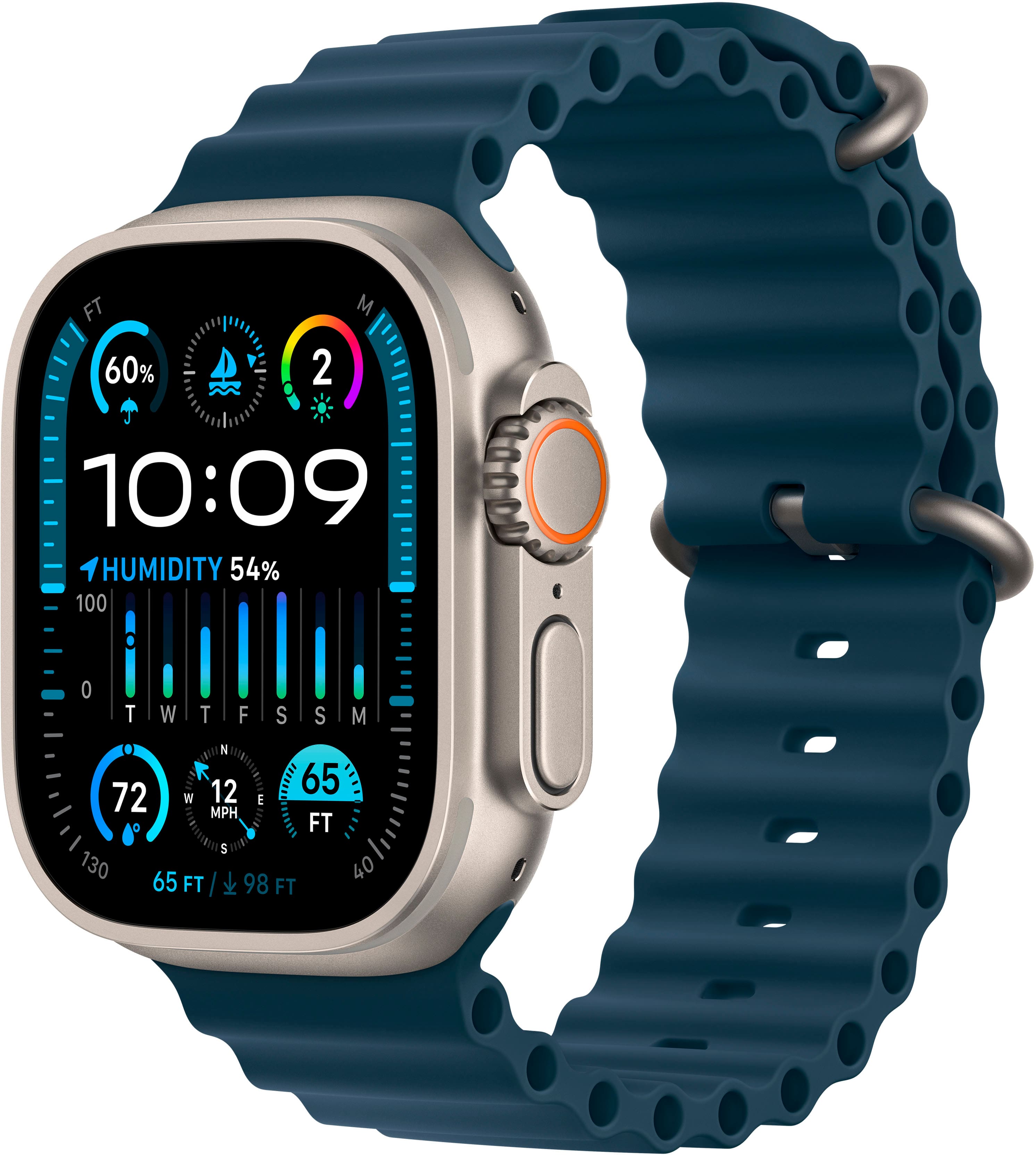 Front. Apple - Apple Watch Ultra 2 (GPS + Cellular) 49mm Titanium Case with Blue Ocean Band with Blood Oxygen - Titanium.