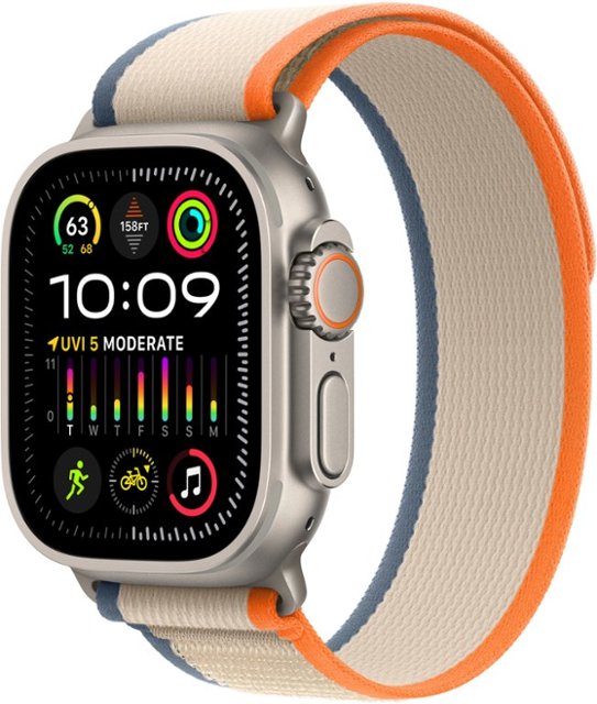 Front Zoom. Apple Watch Ultra 2 (GPS + Cellular) 49mm Titanium Case with Orange/Beige Trail Loop - M/L - Titanium (AT&T).