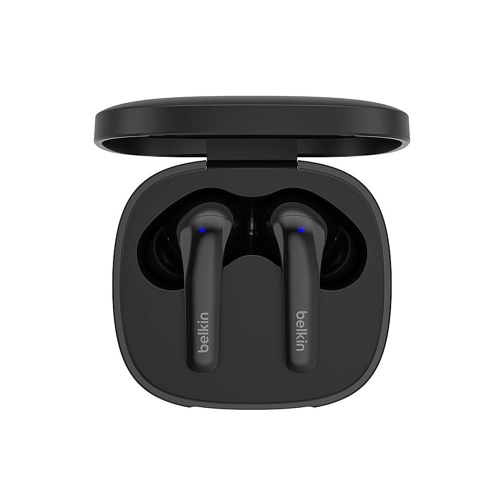 Left. Belkin - SoundForm™ Motion True Wireless Noise Cancelling Earbuds with Wireless Charging Case - Black.