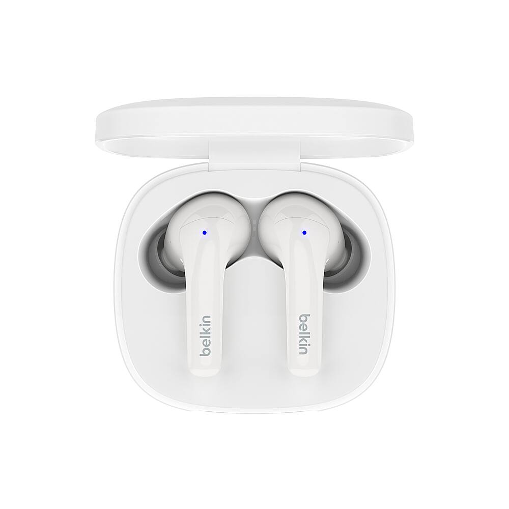Left. Belkin - SoundForm™ Motion True Wireless Noise Cancelling Earbuds with Wireless Charging Case - White.