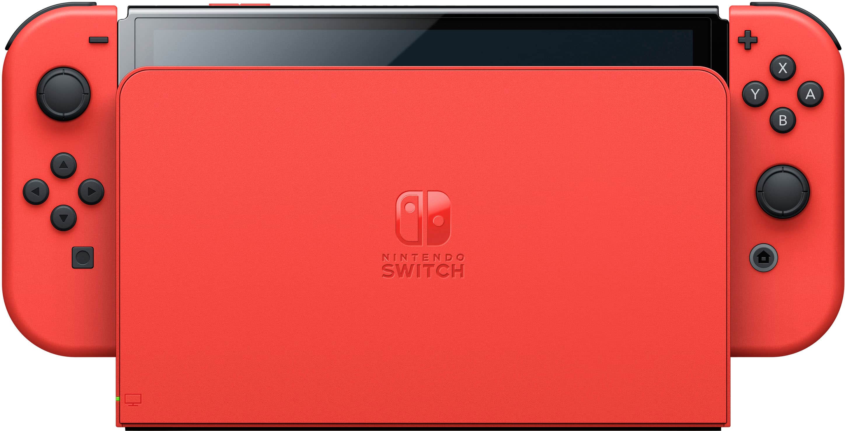 The image shows a red Nintendo Switch game console with a red controller. The console is designed for gaming and entertainment, and it features a touch screen on the front. The controller is used to interact with the game and control the on-screen actions. The combination of the red console and controller creates a visually striking and vibrant gaming experience.