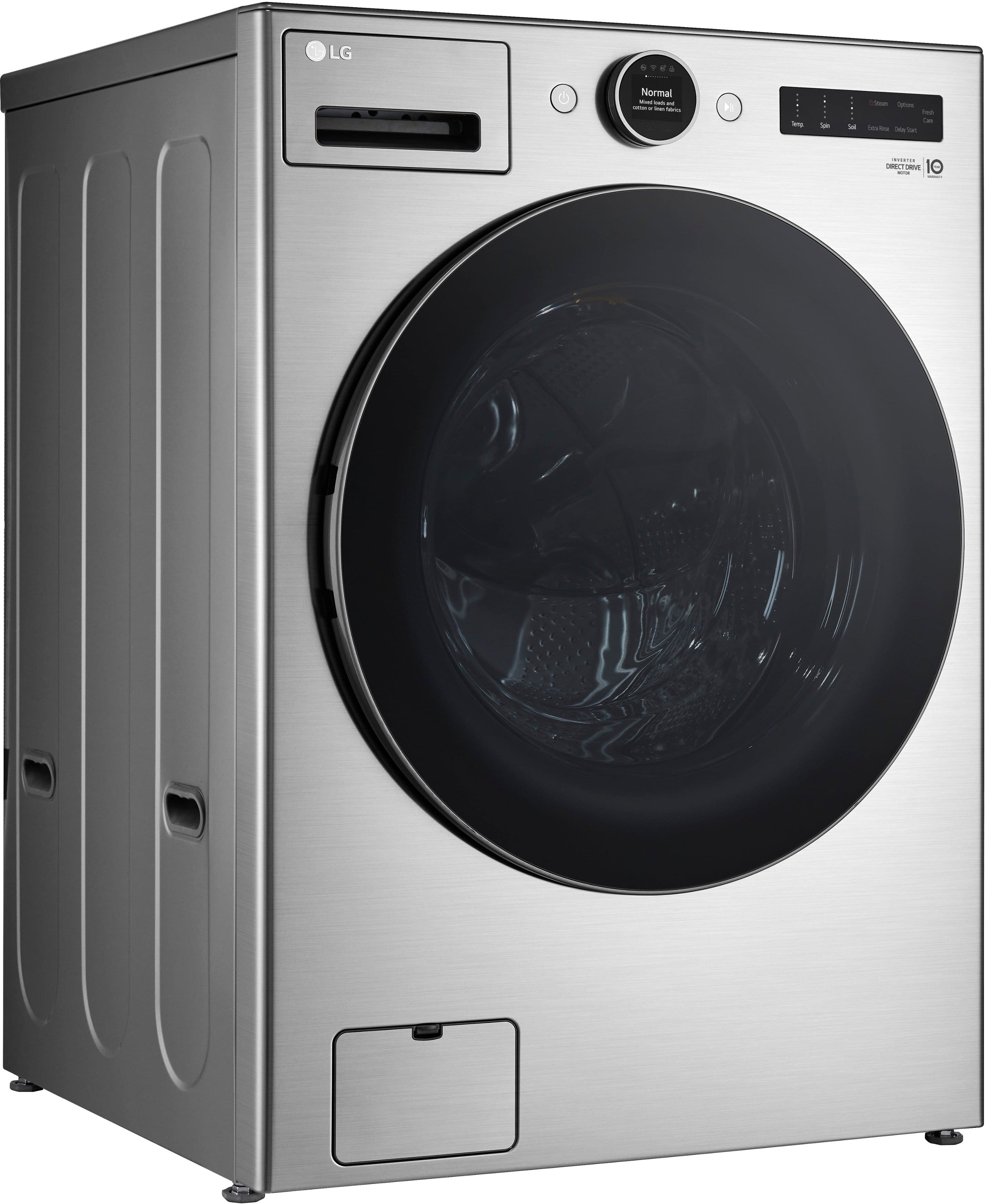 Angle. LG - 4.5 Cu. Ft. High-Efficiency Stackable Smart Front Load Washer with Steam and and ezDispense - Graphite Steel.